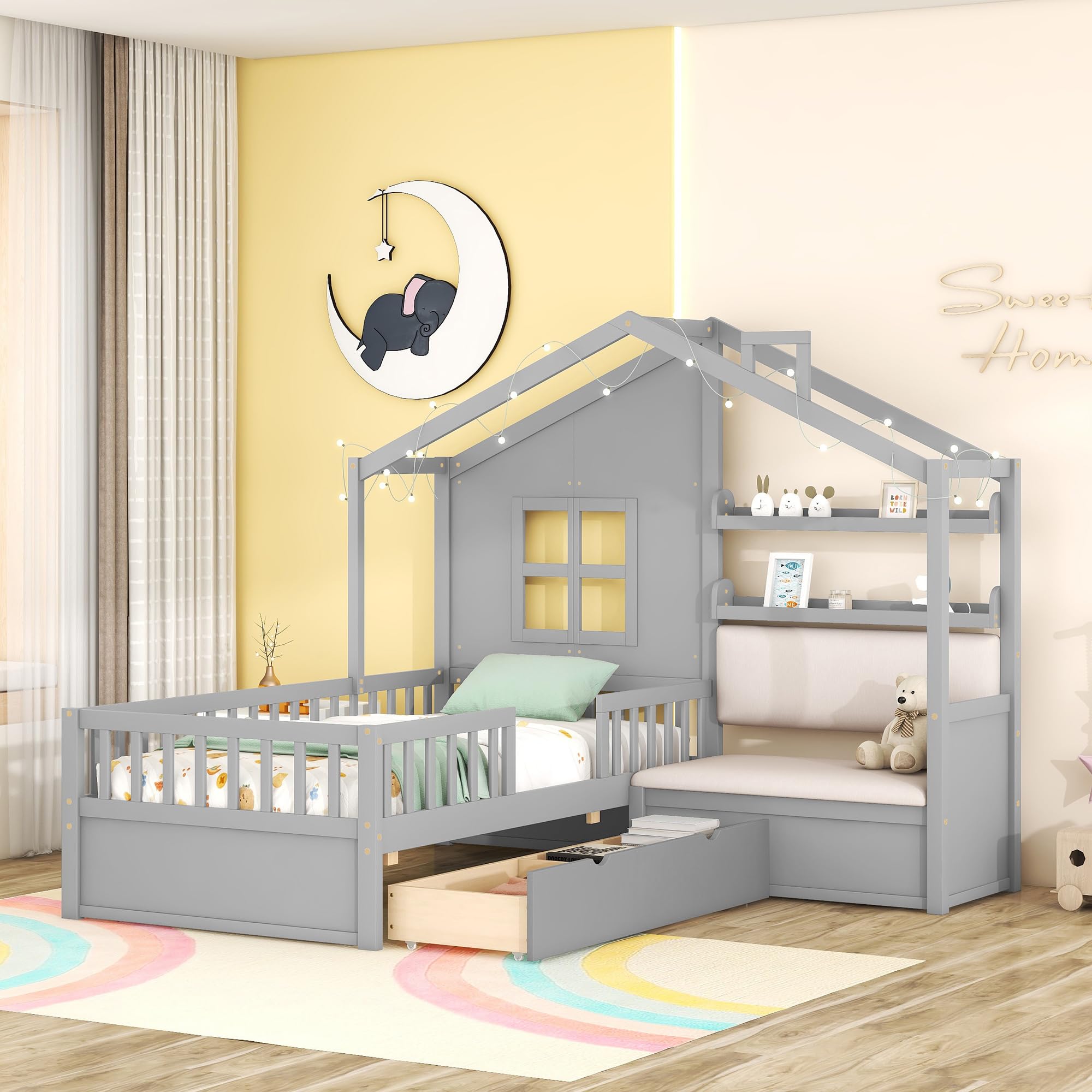 Twin House Bed Frame with Upholstered Sofa and Storage