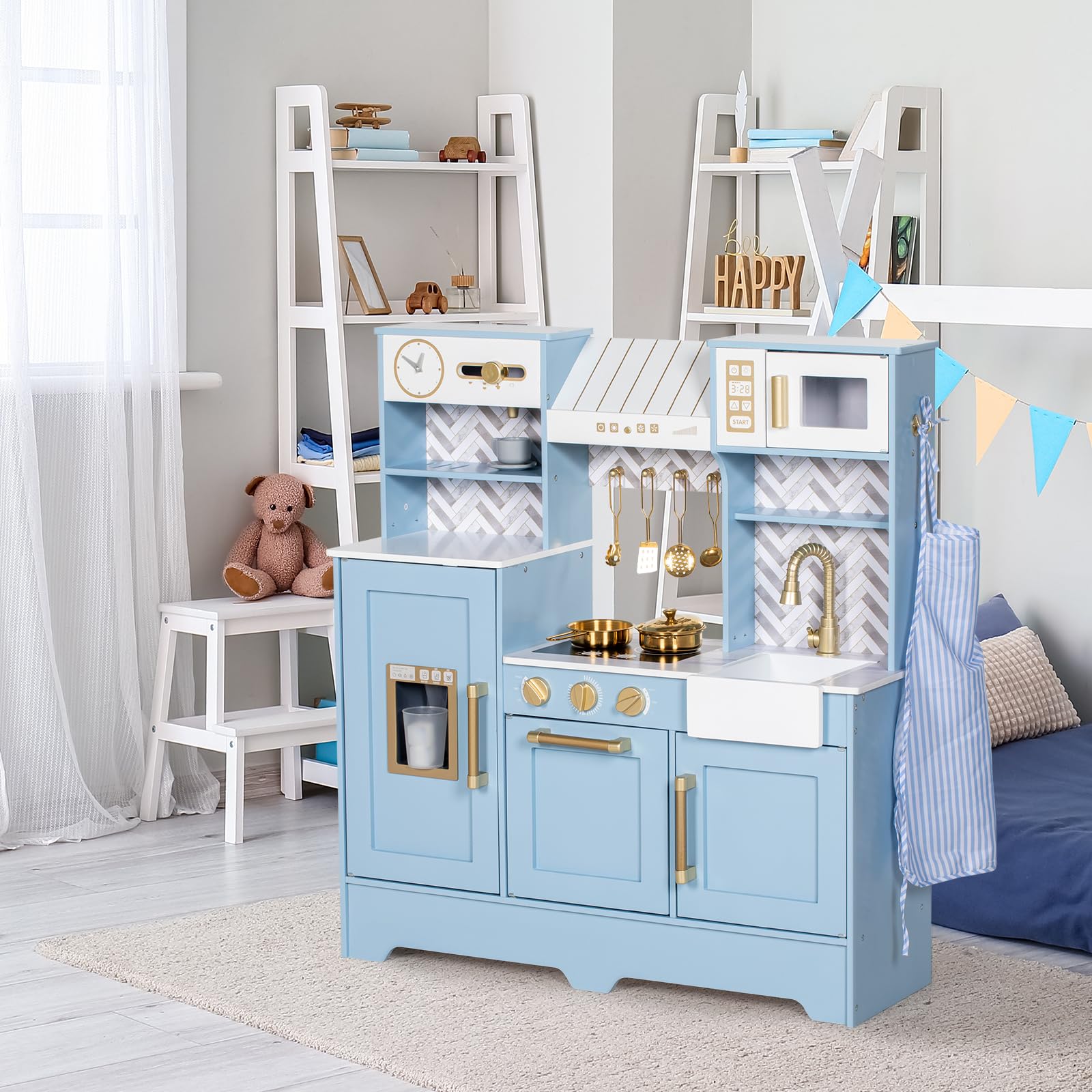 BRINJOY Play Kitchen for Kids, Wooden Children Kitchen Playset w/Coffee Maker, Oven, Stove, Sink, Apron, Ice Maker, Cookware, Kids Toy Kitchen Set for Toddler Girls Boys Pretend Play Toy Gift Ages 3+