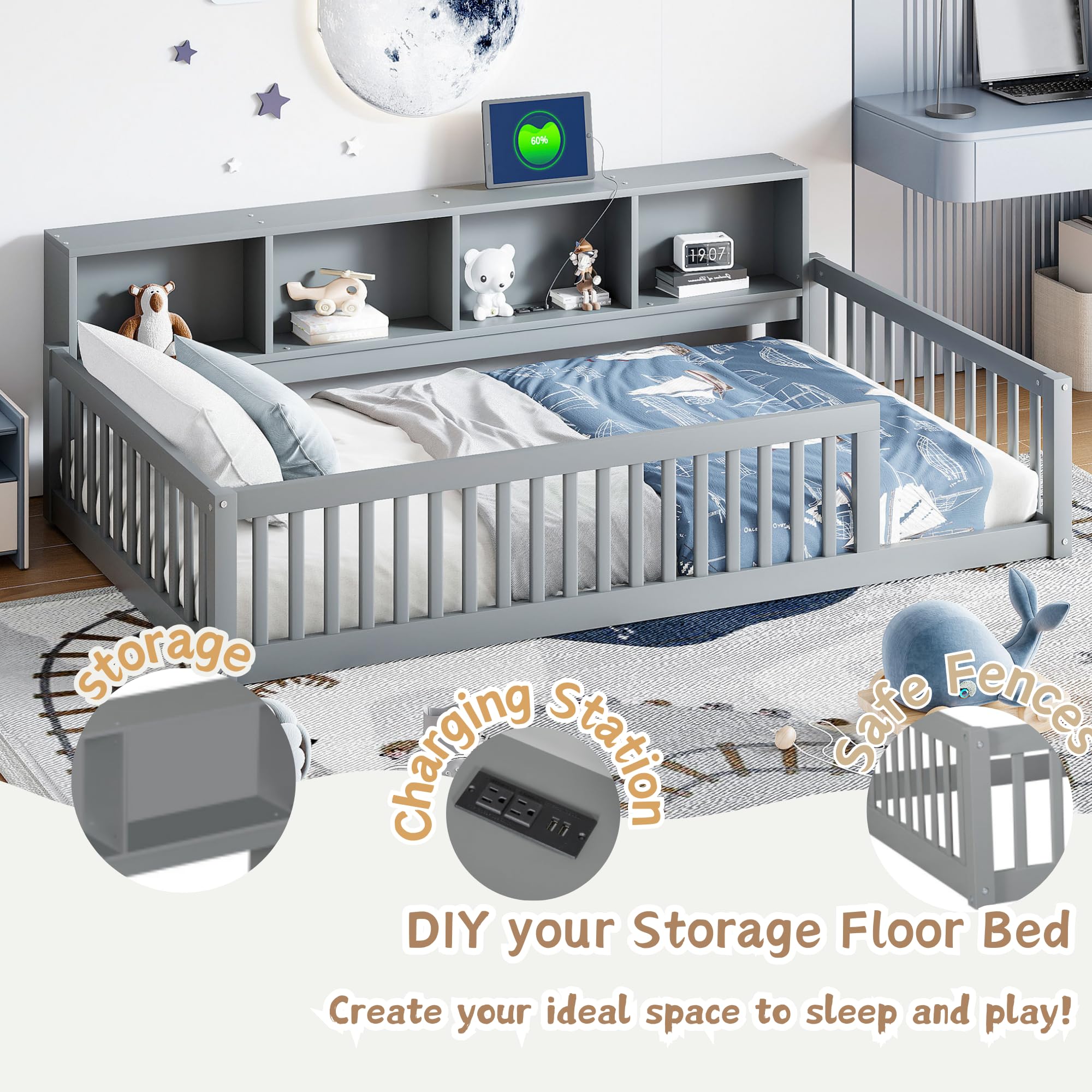 Twin Floor Bed with Storage and Safety Rails for Kids