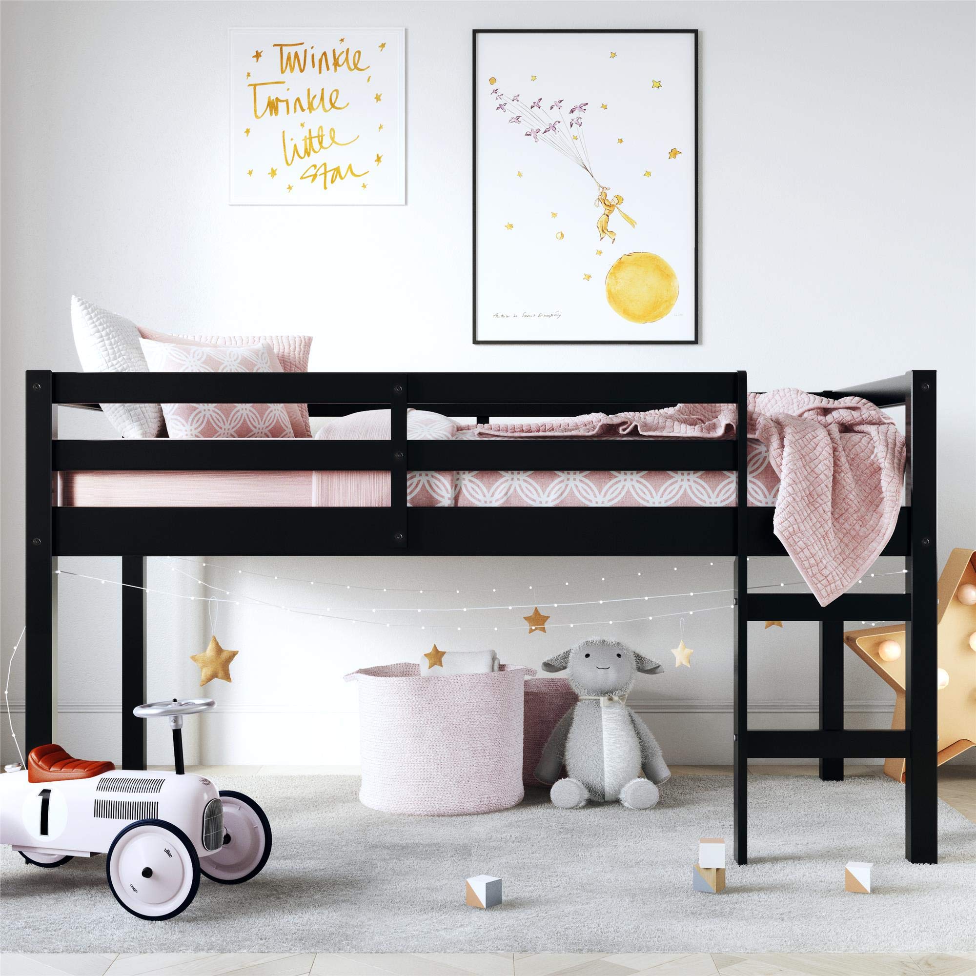 Milton Twin Loft Bed with Safety Guard Rail, Black, Space Saving Junior Size, Pine Wood