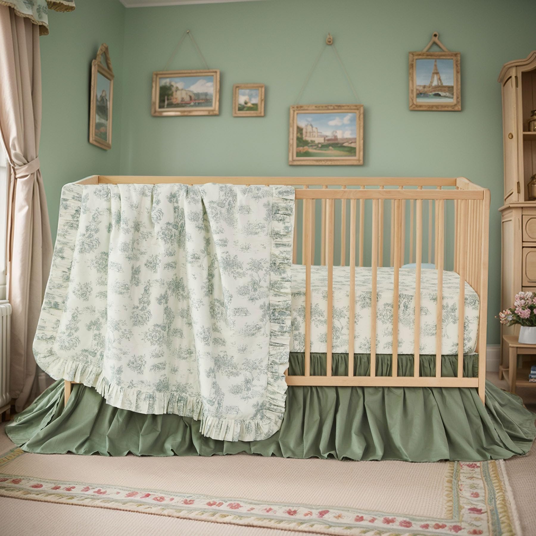 Vintage Green Toile Crib Bedding Set