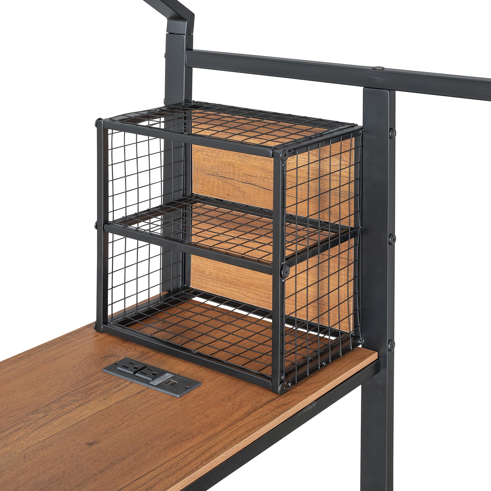 Full Size Metal House Bed with Desk and Guardrails