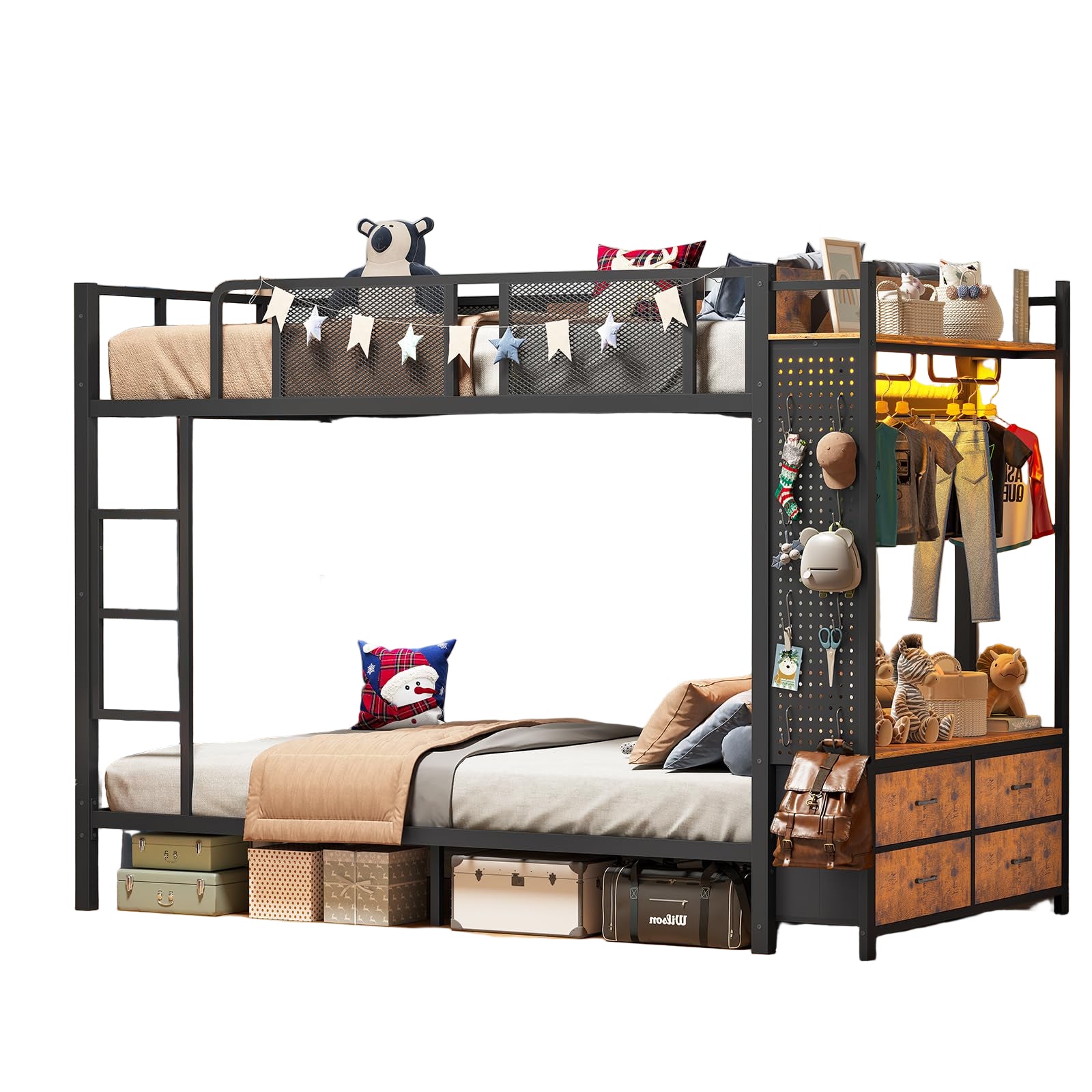 Metal Bunk Bed Twin Over Twin with Hall Tree, Power Outlet