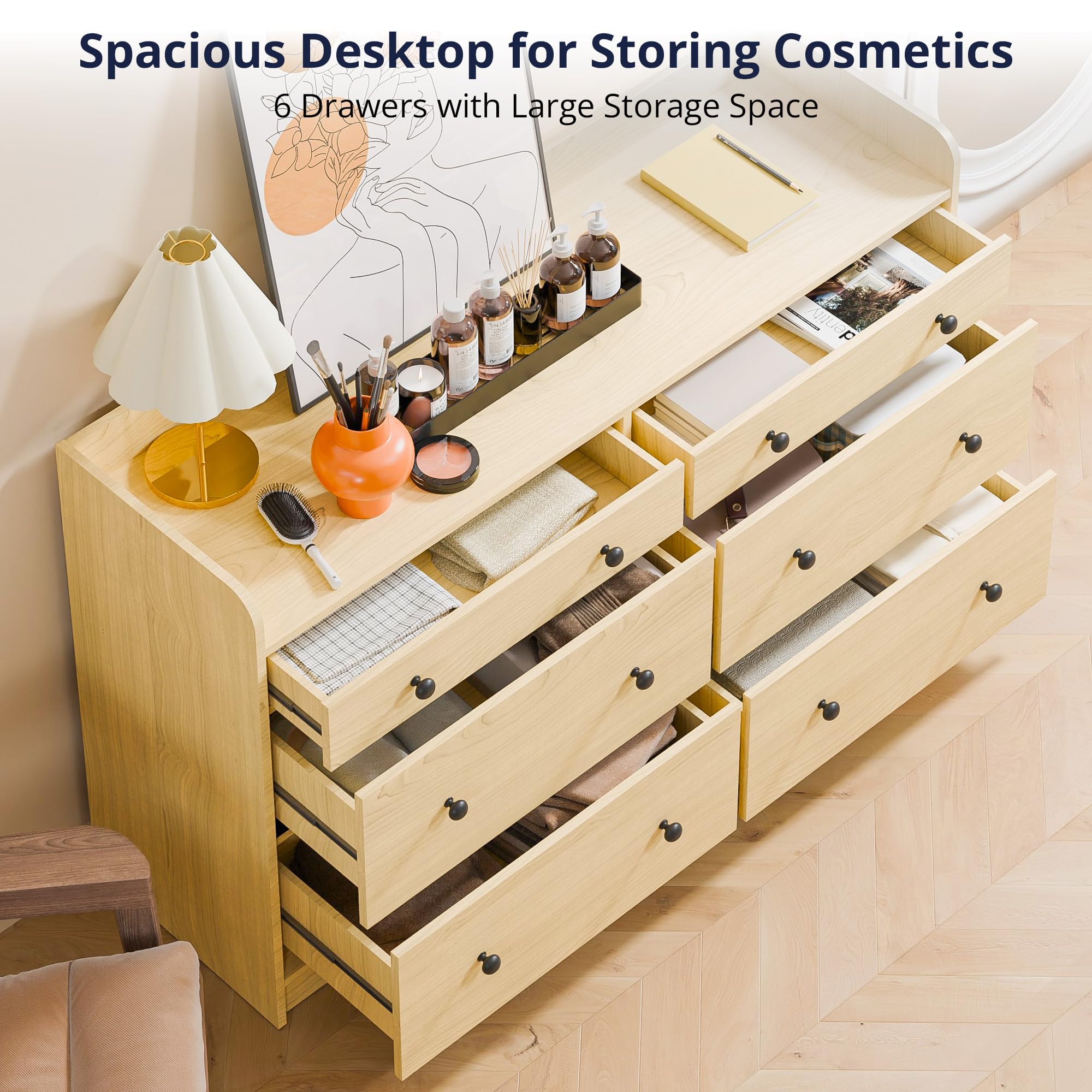6 Drawer Wood Dresser Cabinet 52 Inch Long Modern Sideboard