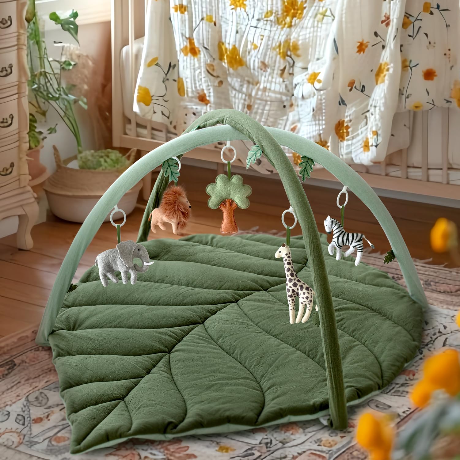 Baby Play Gym with Mat Leaf Shaped, Baby Play Mat with 6 Hanging Toys