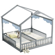 Double Twin Montessori Floor Bed Frame with Roof & Rails