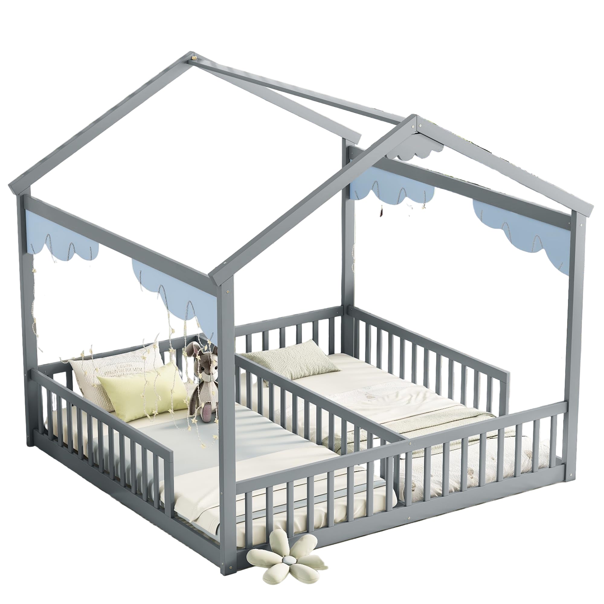 Double Twin Montessori Floor Bed Frame with Roof & Rails