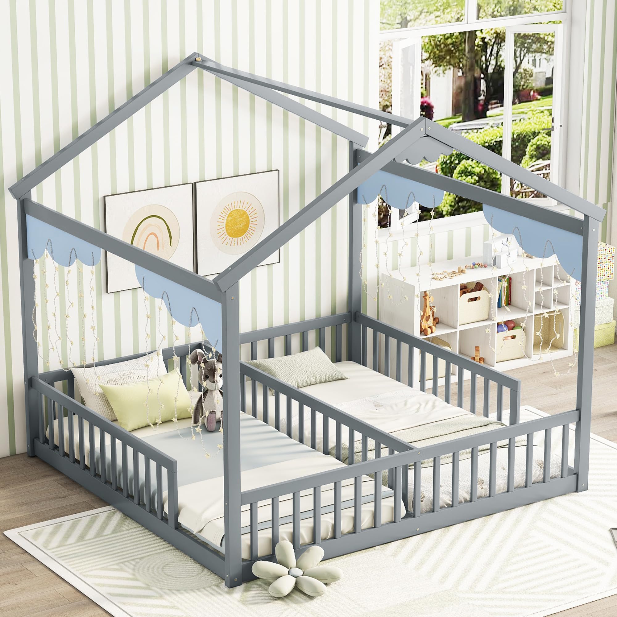 Double Twin Montessori Floor Bed Frame with House Design
