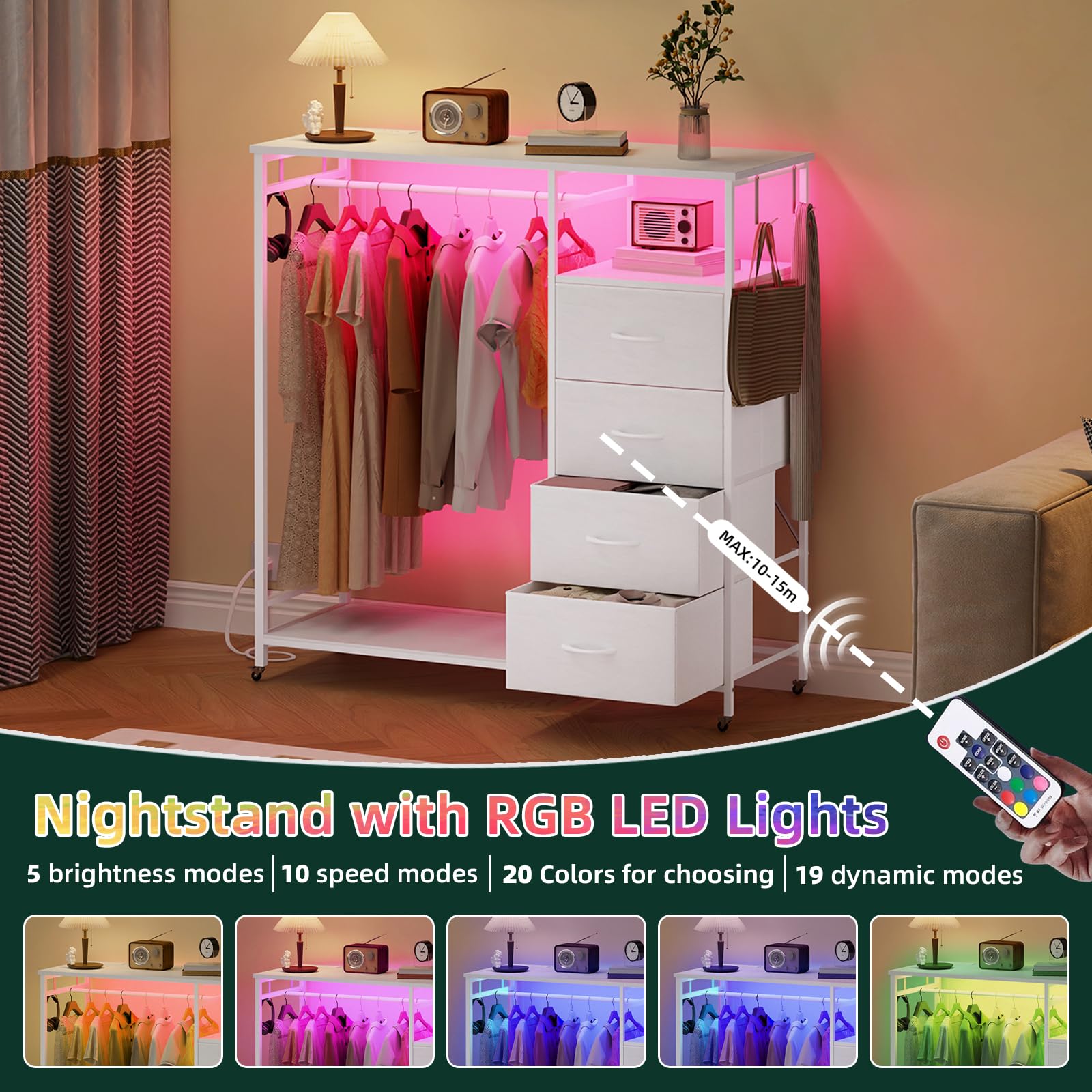Tall Dresser with Clothes Rack LED Lights and Charging Station
