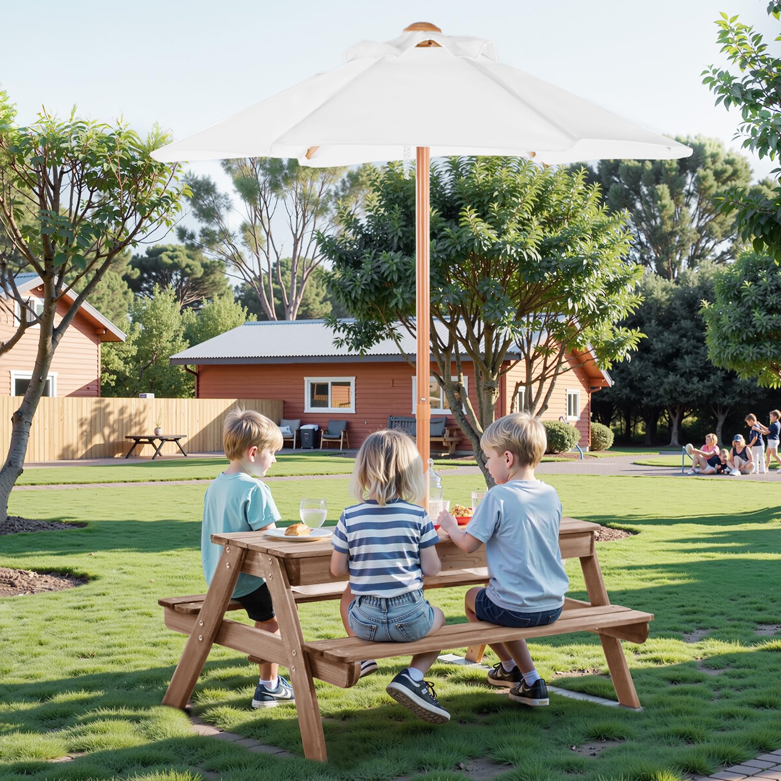 Kids Picnic Table with Umbrella 3-in-1 Sand Water Table Outdoor Wooden Bench Set
