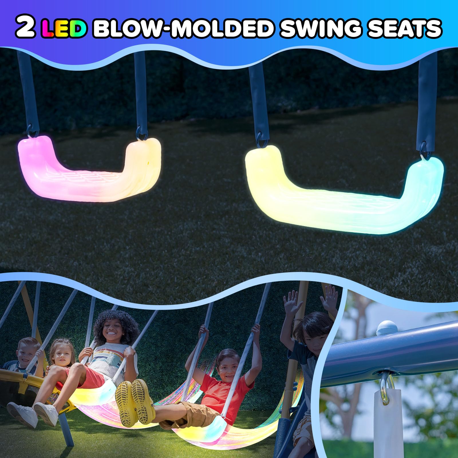 Metal Swing Set with LED Swings, Saucer Swing & 5ft Slide