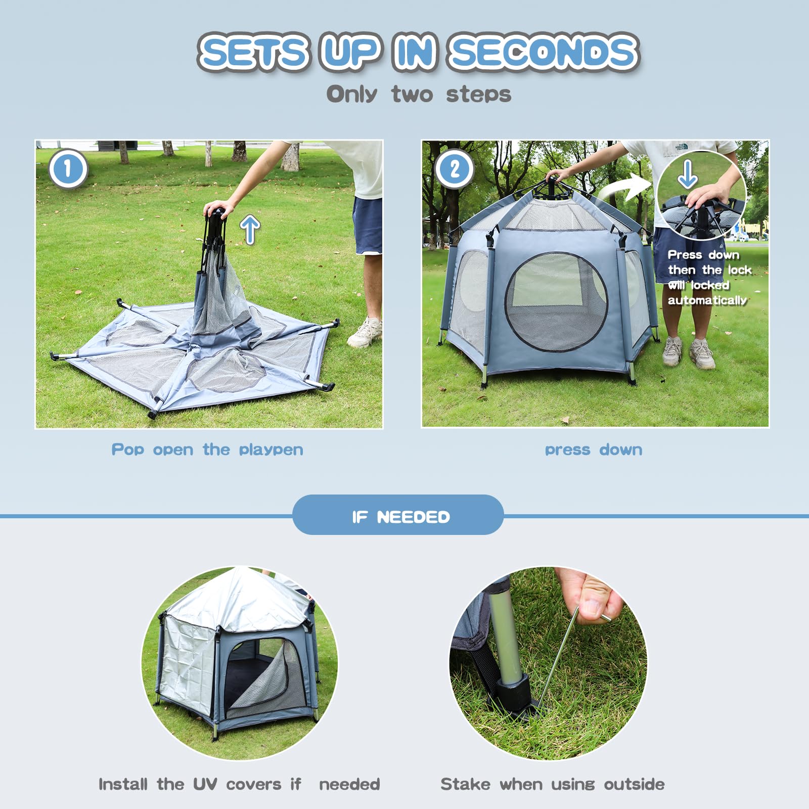 Portable Baby Playpen with UPF50+ Canopy and Bug Net