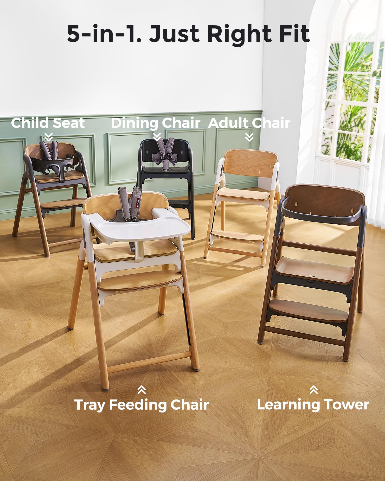 5-in-1 Convertible Wooden High Chair for Babies and Toddlers