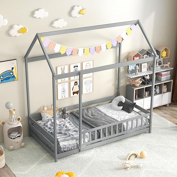 Twin Size Floor House Bed, Wooden Montessori Bed