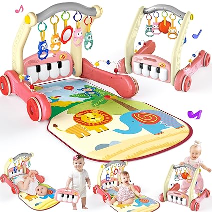 2 in 1 Baby Gym Play Mat with Walker, Kick and Play Piano Gym Activity for Boys Girls