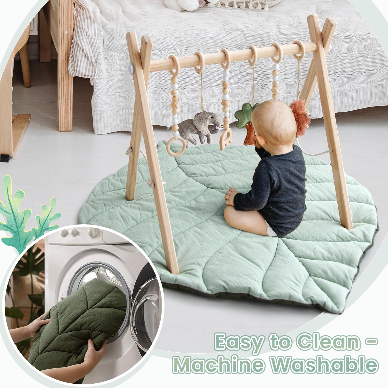 Wooden Baby Play Gym Activity Mat, Leaf Shaped Play Mat Baby Gym