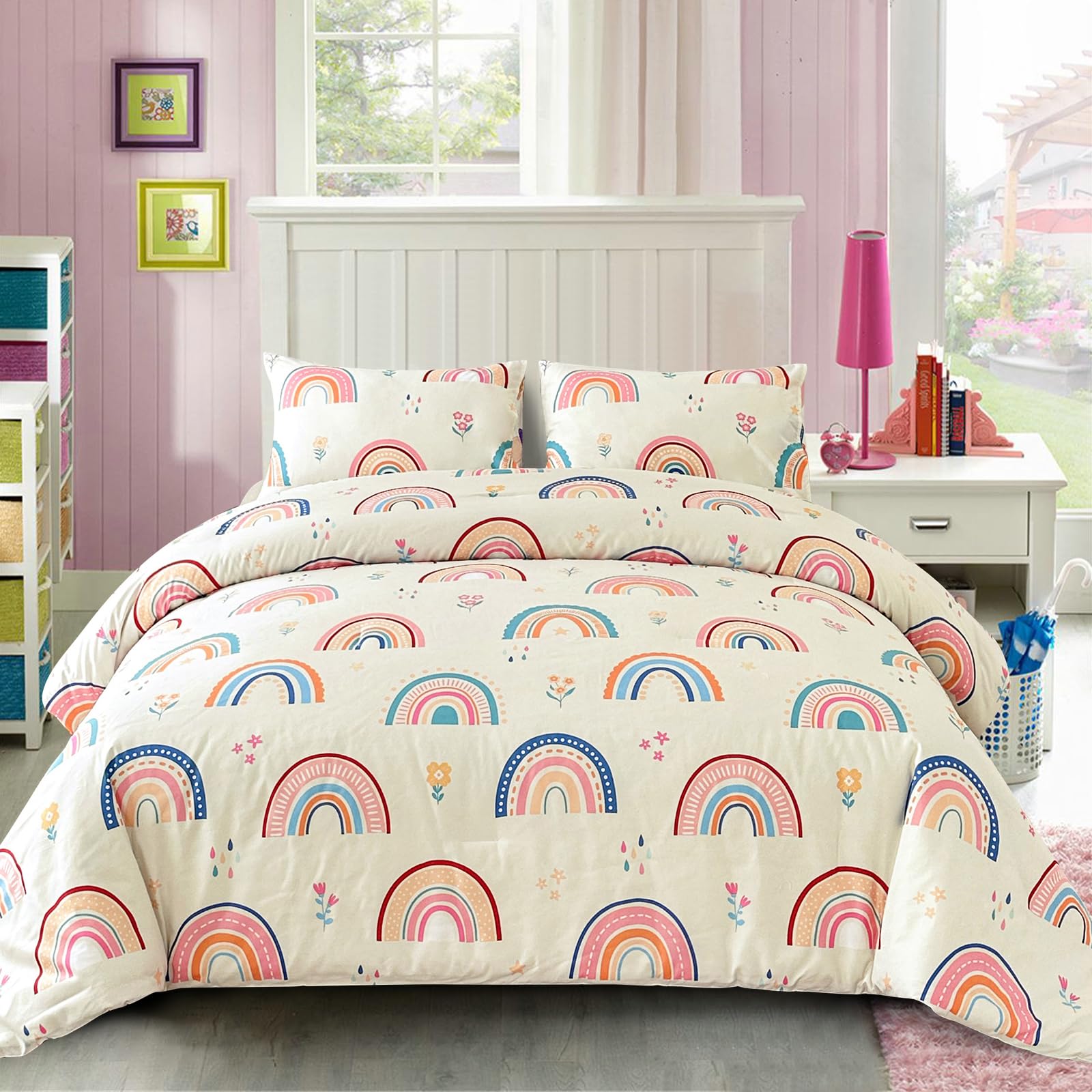 Rainbow Comforter Set with Sheets,5 Pieces Floral Bed in a Bag Twin