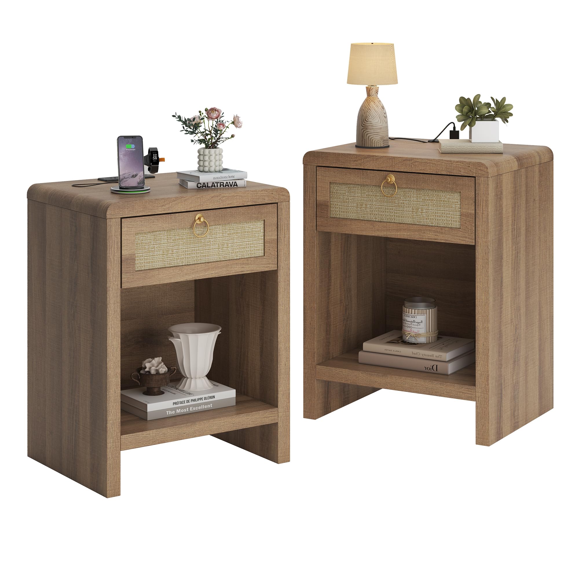 Rattan Nightstand Set with Charging Station