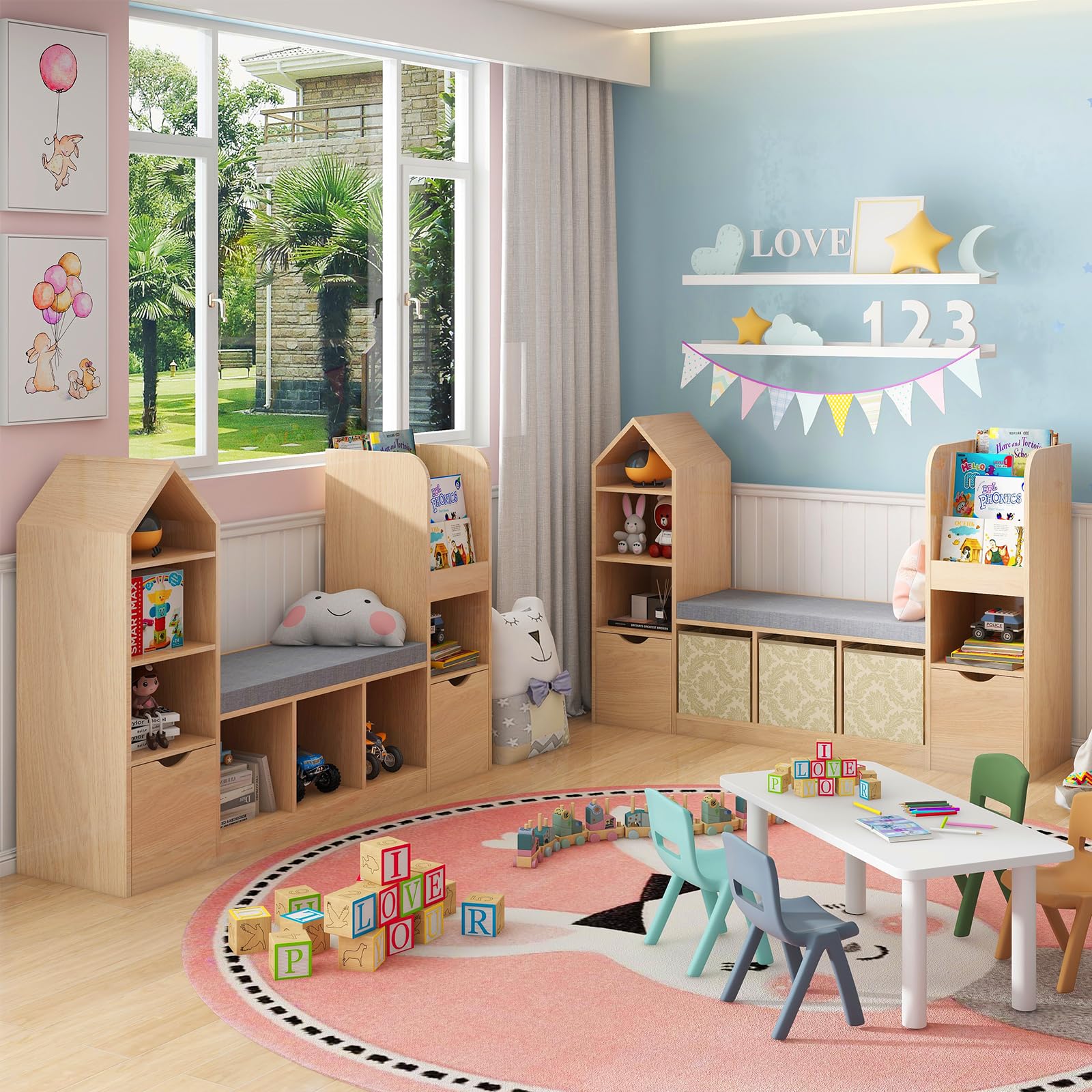 Kids Bookcase with Reading Nook, Oak Bookshelf with 7 Storage Cubbies