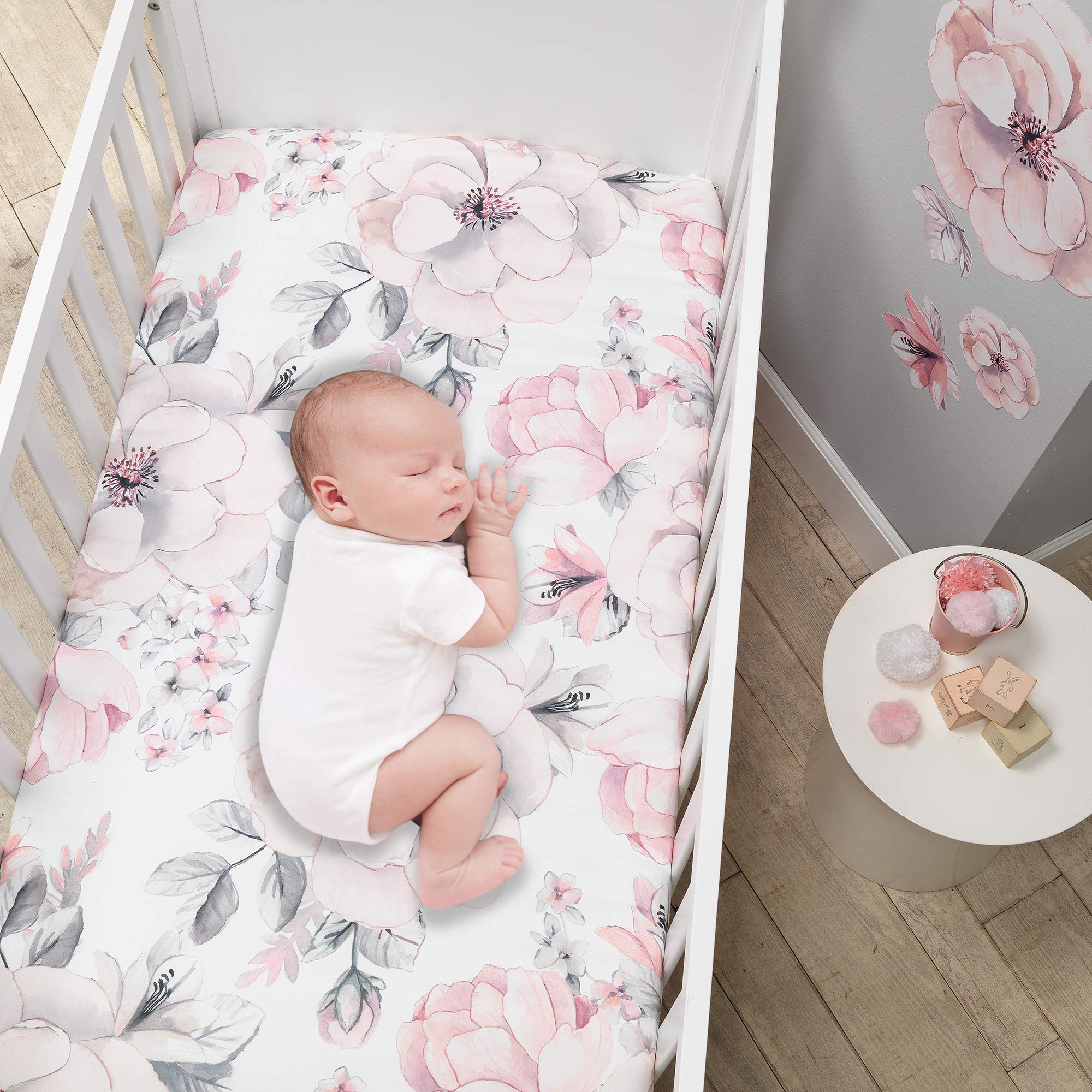4-Piece Watercolor Floral Crib Bedding Set - Pink & Gray