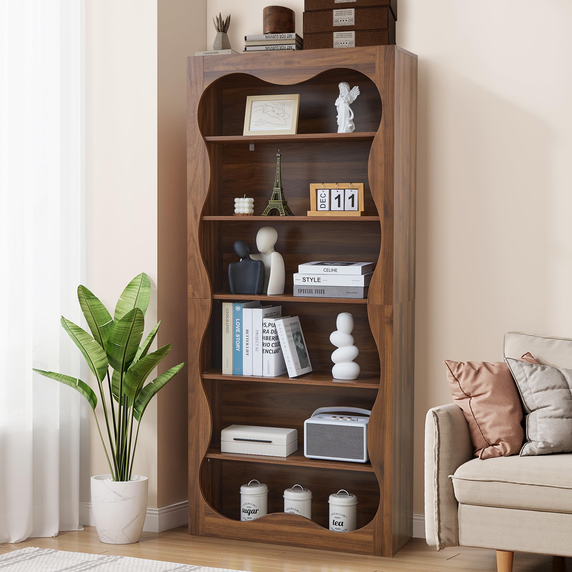 71" Tall Bookshelf, 6 Tier Large Wooden Book