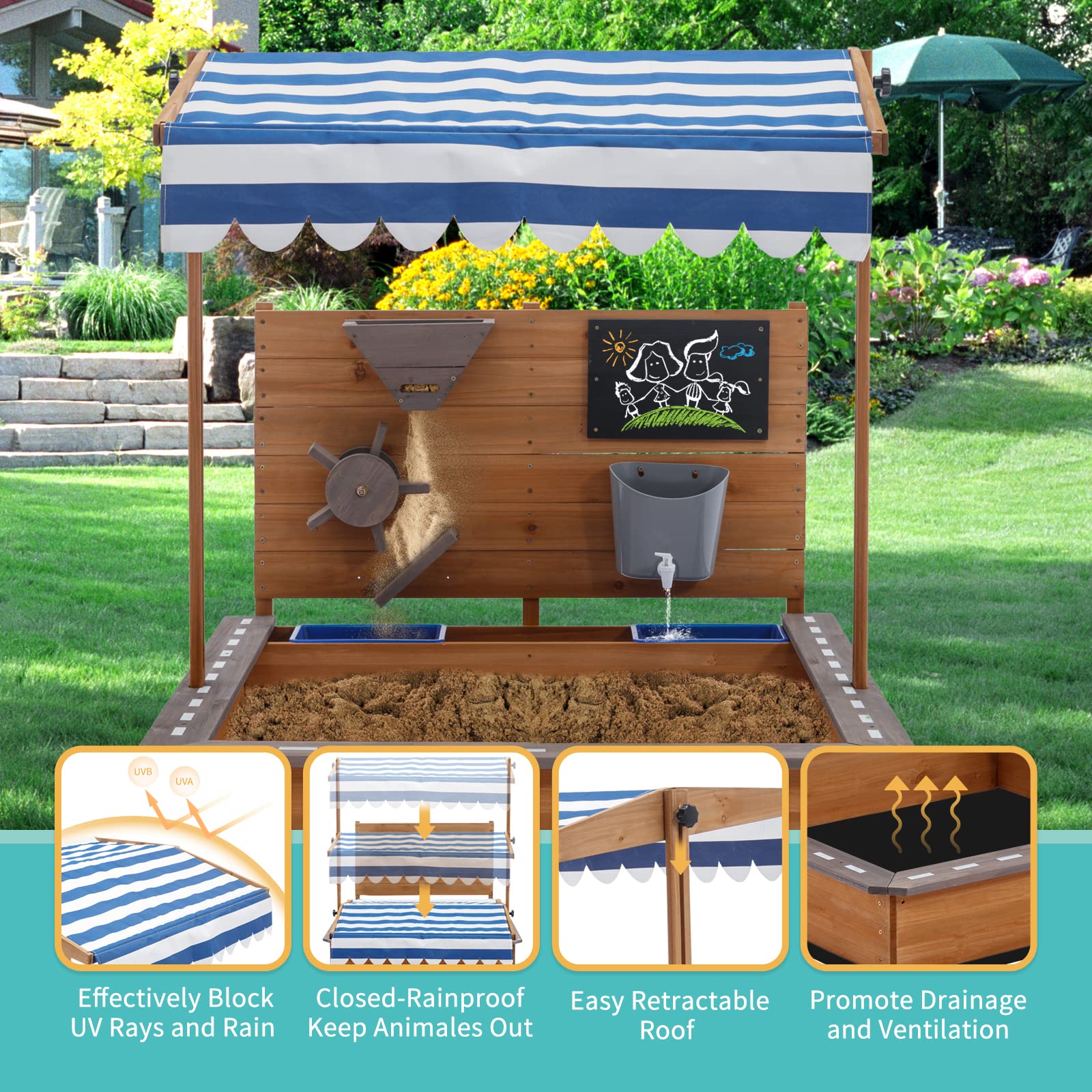 Wooden Sandbox with Roof and Canopy
