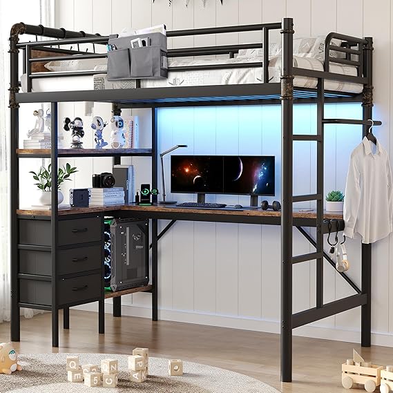 Twin Loft Bed with L-Shaped Desk and LED Lights