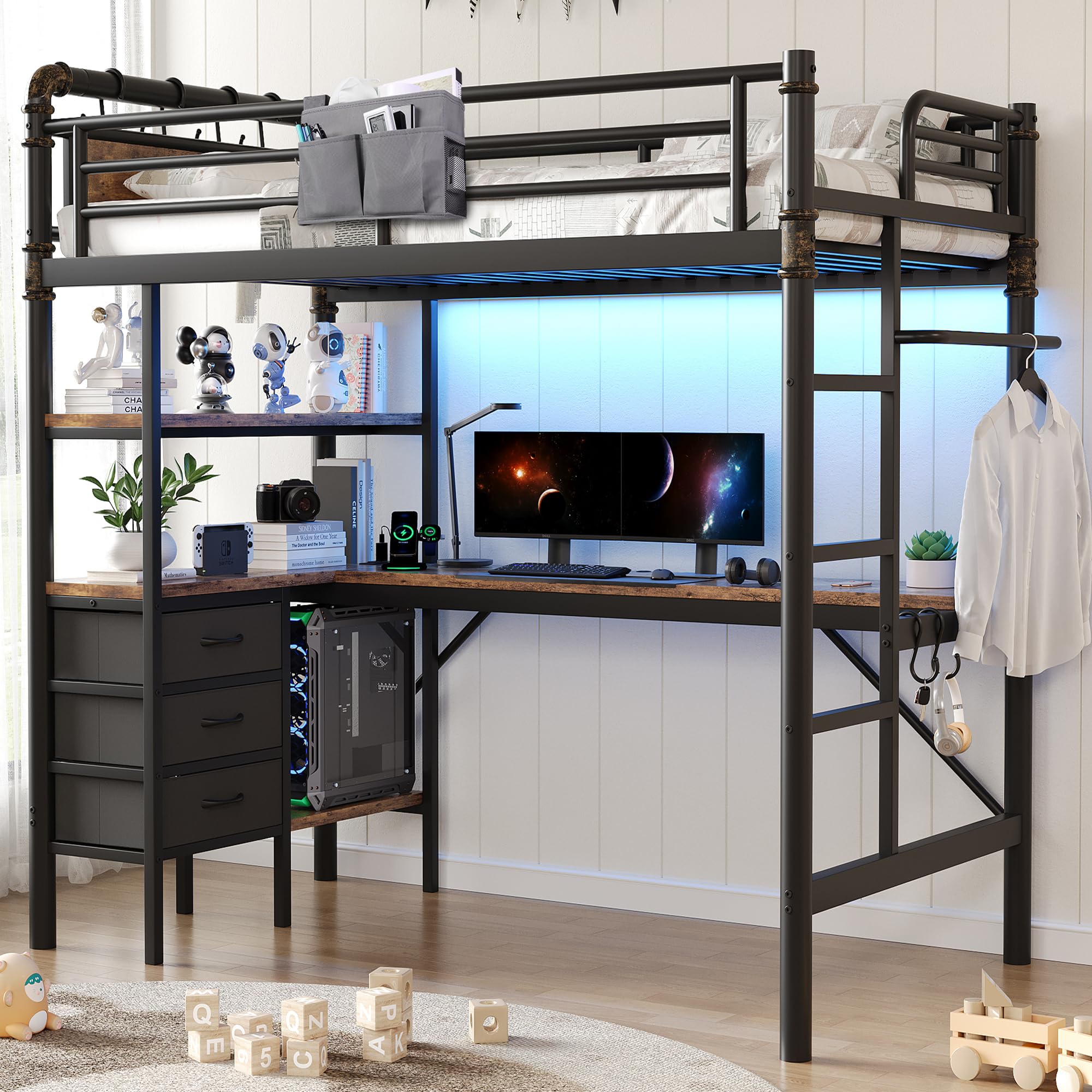 Twin Loft Bed with L-Shaped Desk and LED Lights