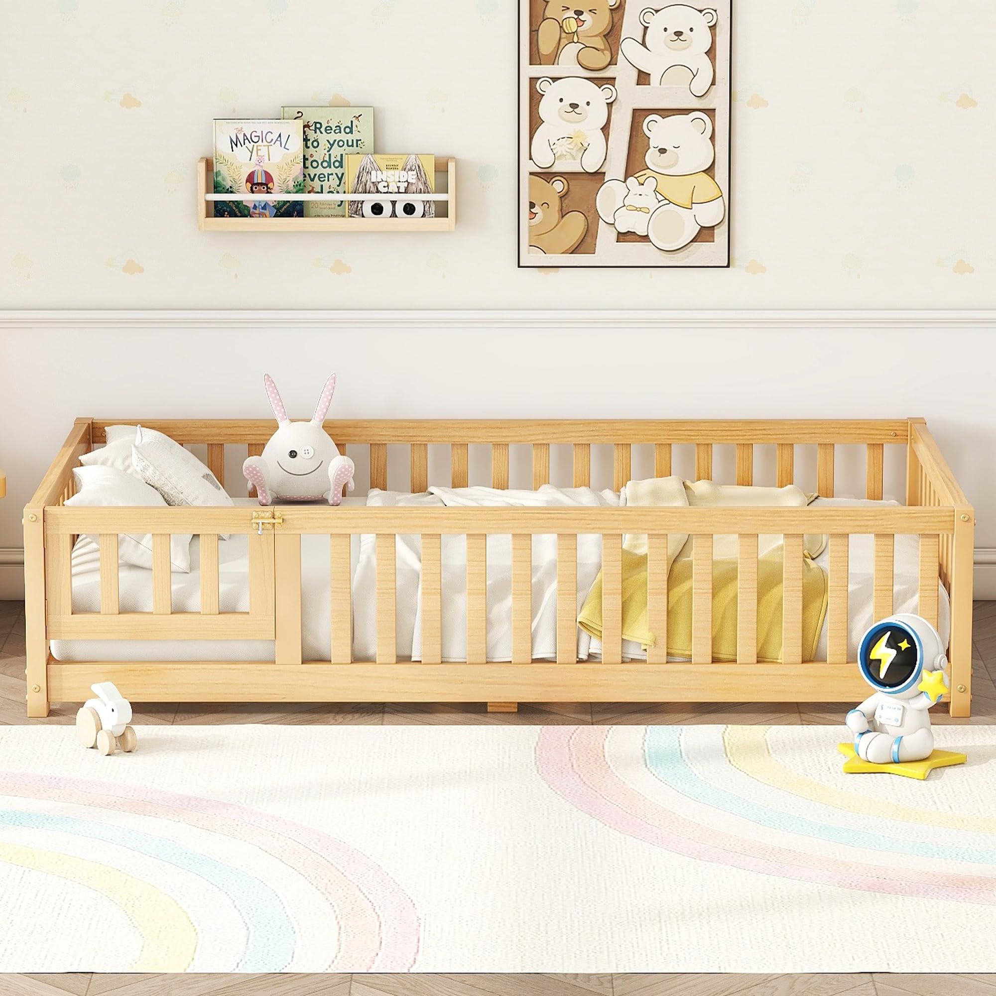 Twin Floor Bed with Slats and Door, Twin Size Montessori Floor Bed with Fence