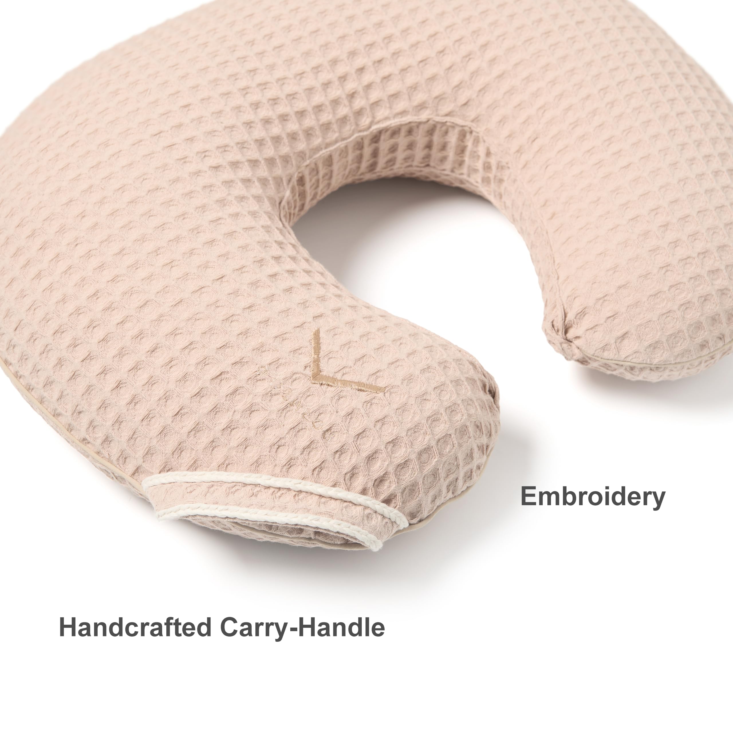Organic Nursing Pillow with Cover • Premium Quality 100% Cotton Oeko-Tex Standard • Moon Pillow for Breastfeeding and Bottle Feeding • Soft and Breathable • (Poudre waffle)