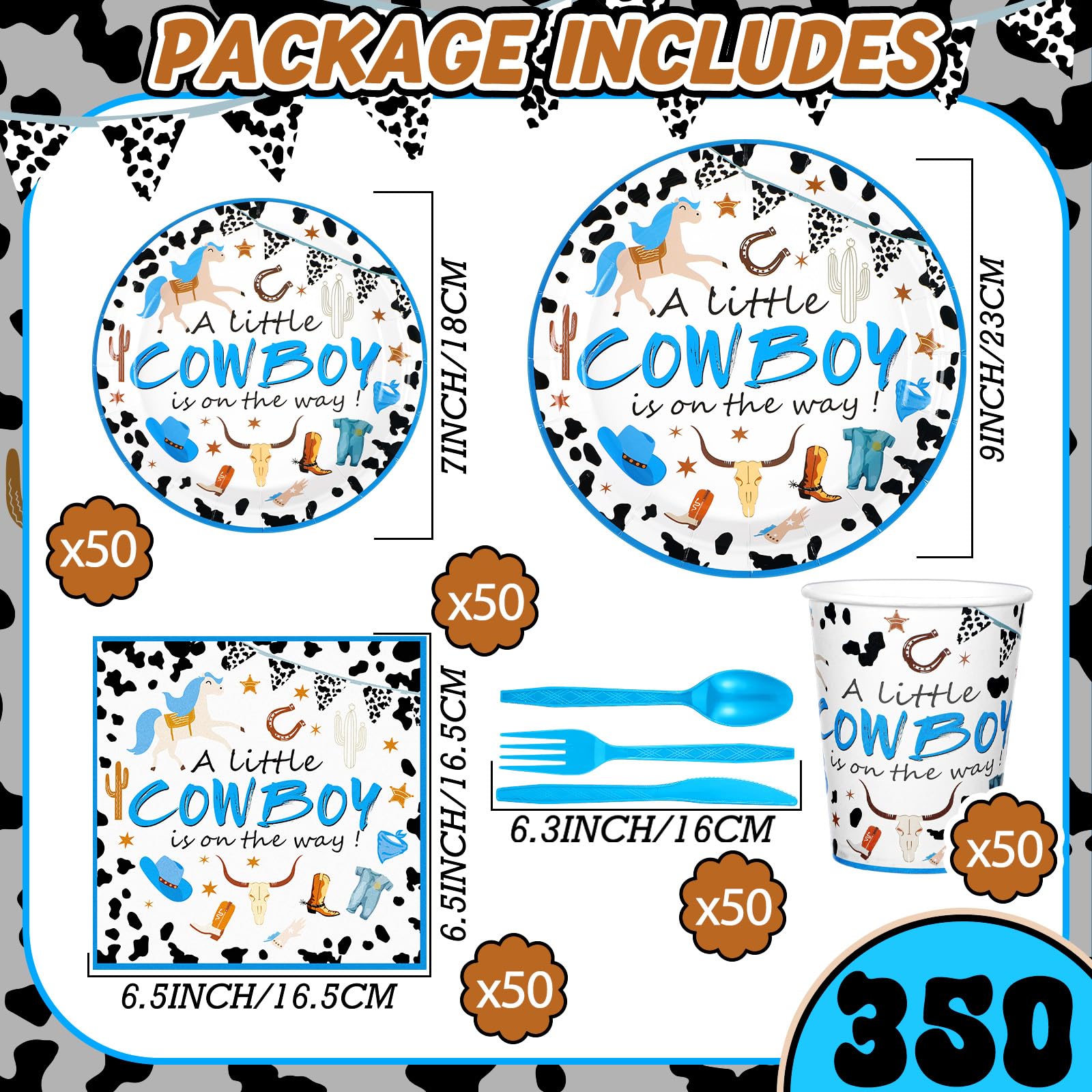 350 Pcs Cowboy Baby Shower Plates and Napkins Party Supplies Wild West a Little Cowboy Is on the Way Theme Tableware Set Western Cow Country Party Dessert Plates Napkins Forks for 50 Guest Baby Shower