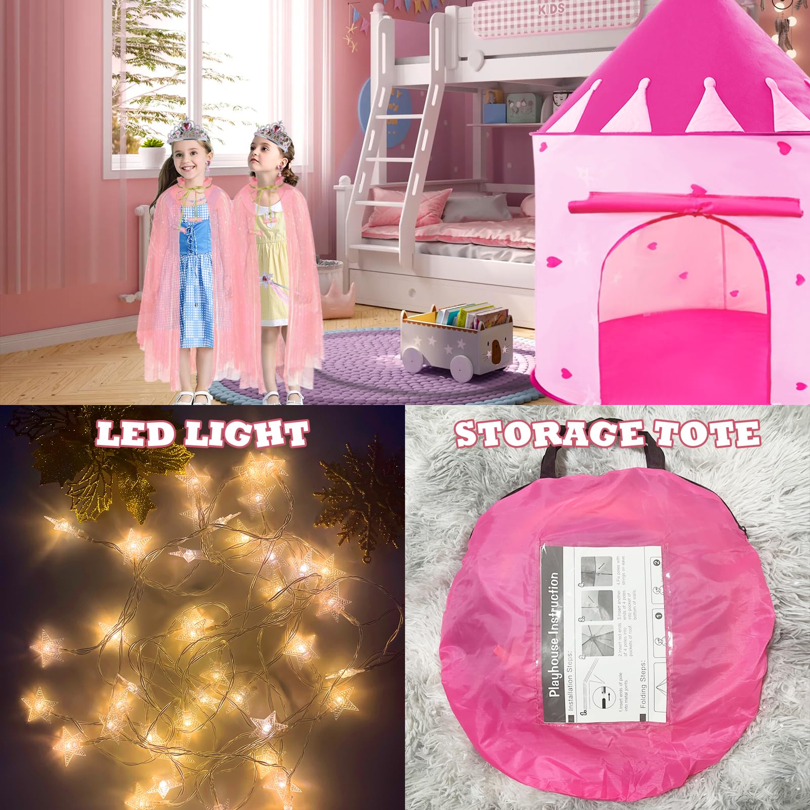 WTOR 15Pcs Princess Castle Play Tent Dress Up with LED Glow in The Dark Stars for Little Girls－Princess Dress Up Cape with Crown,Girl Play Tent/House Toy for Indoor & Outdoor Use (Pink)