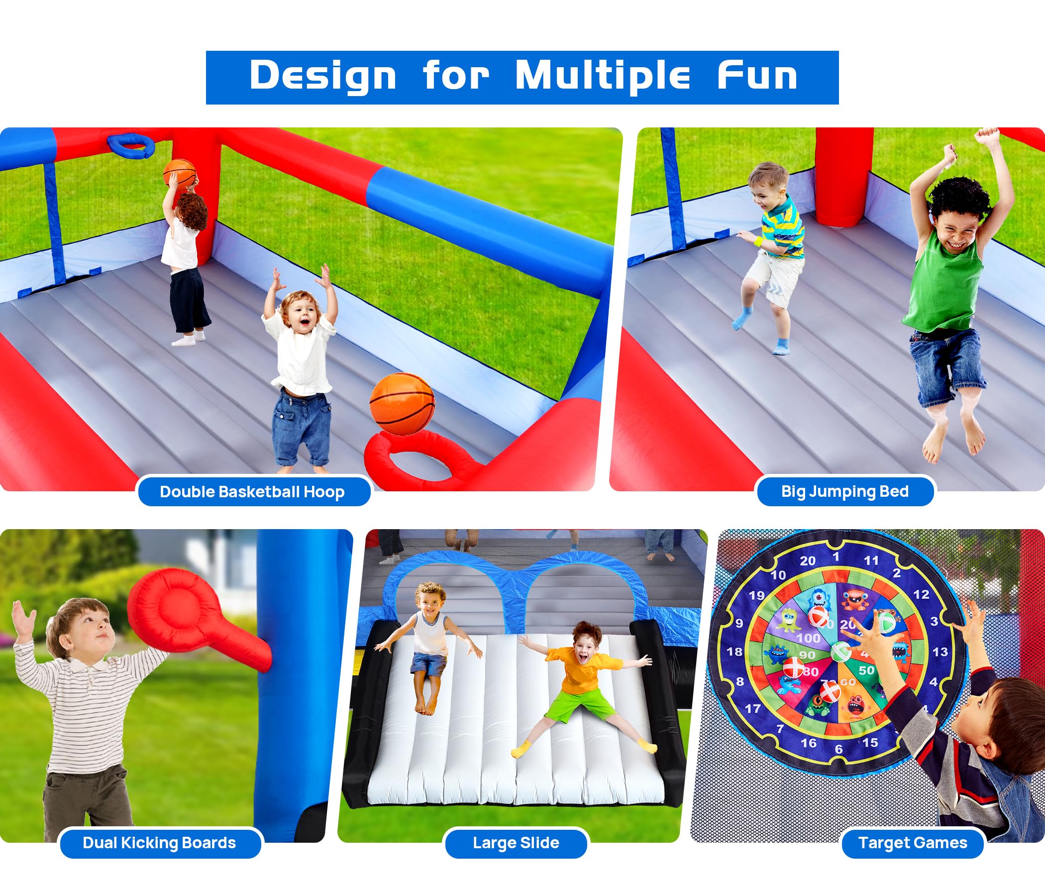 Inflatable Bounce House with Dual Slides and Basketball Hoops