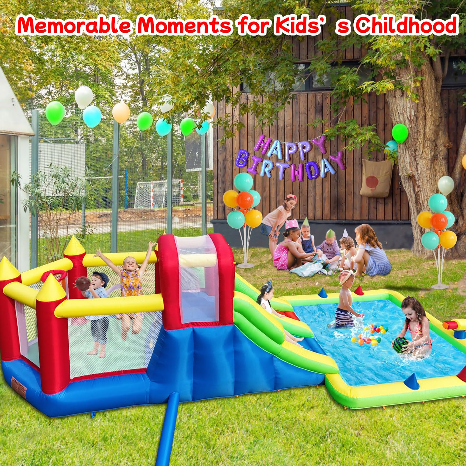 10-in-1 Inflatable Water Park with Dual Slides