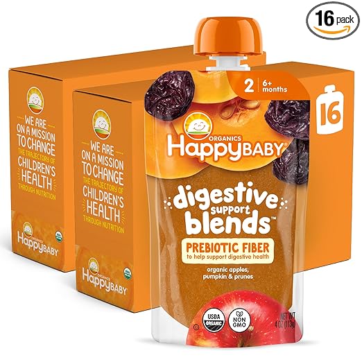 Digestive Support Blends, Organic Stage 2 Baby Food with Prebiotic Fiber, Pear, Blueberries, Strawberries & Oats, 4 Ounce Pouch (Pack of 16)