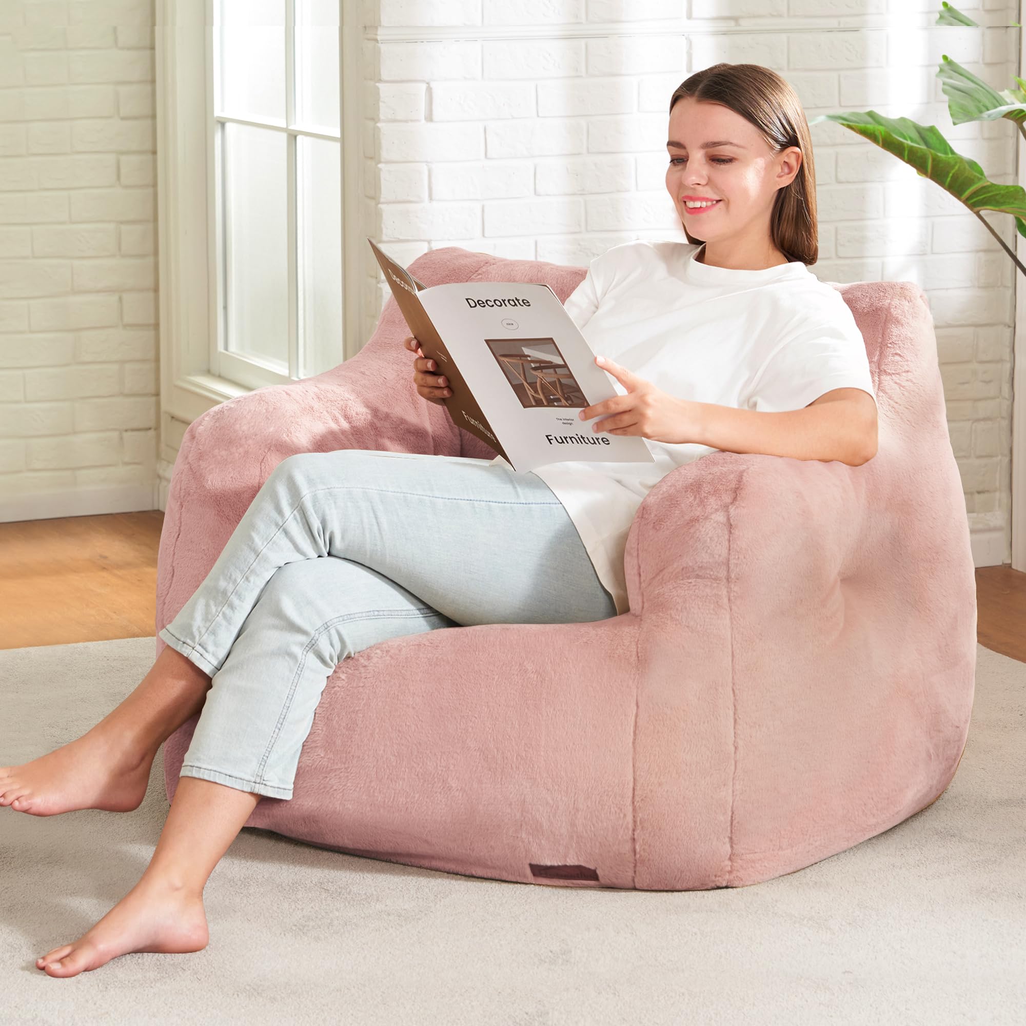 Small Pink Furry Bean Bag Chair with Arms