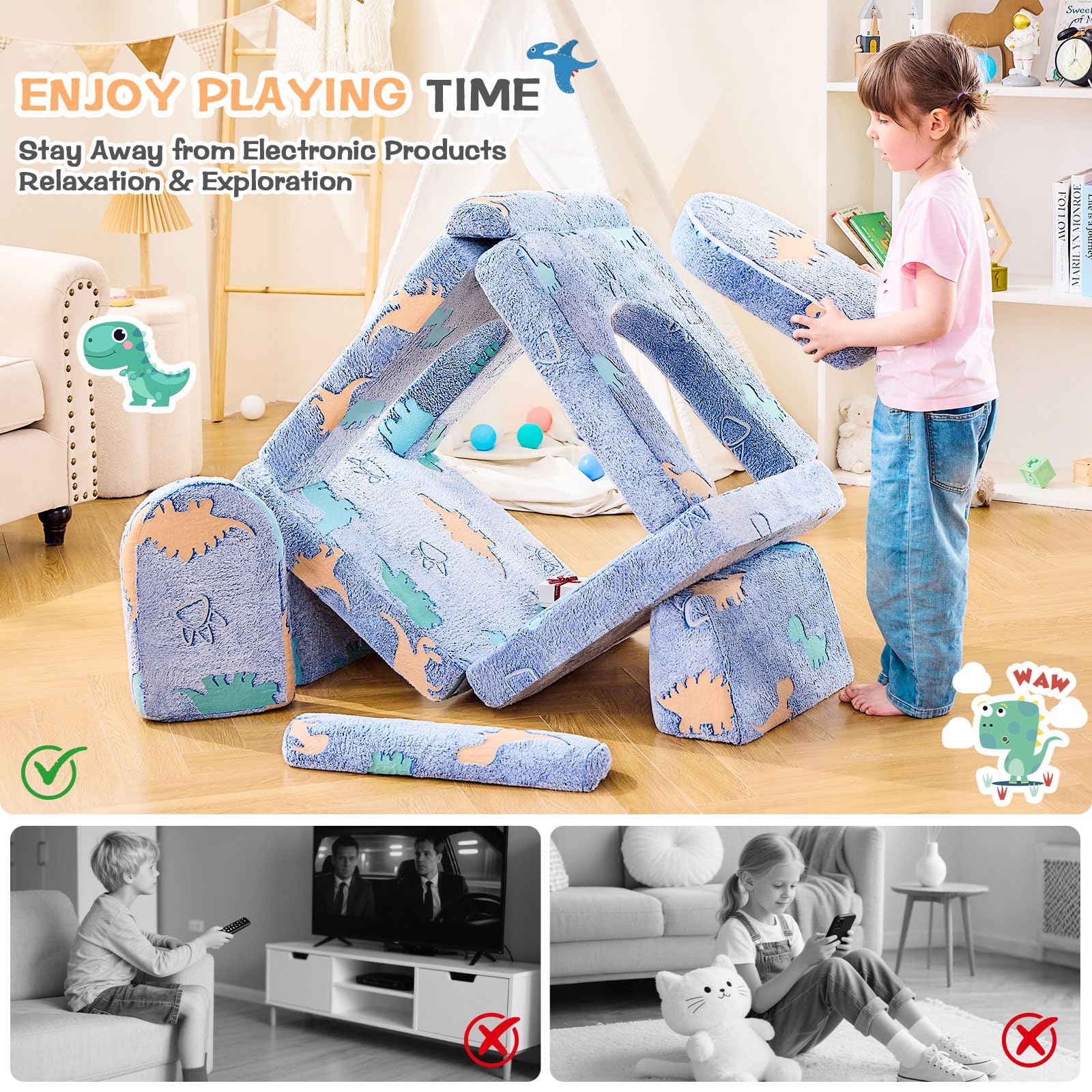 Modular Kids Play Couch with Glow-in-Dark Dinosaur Design