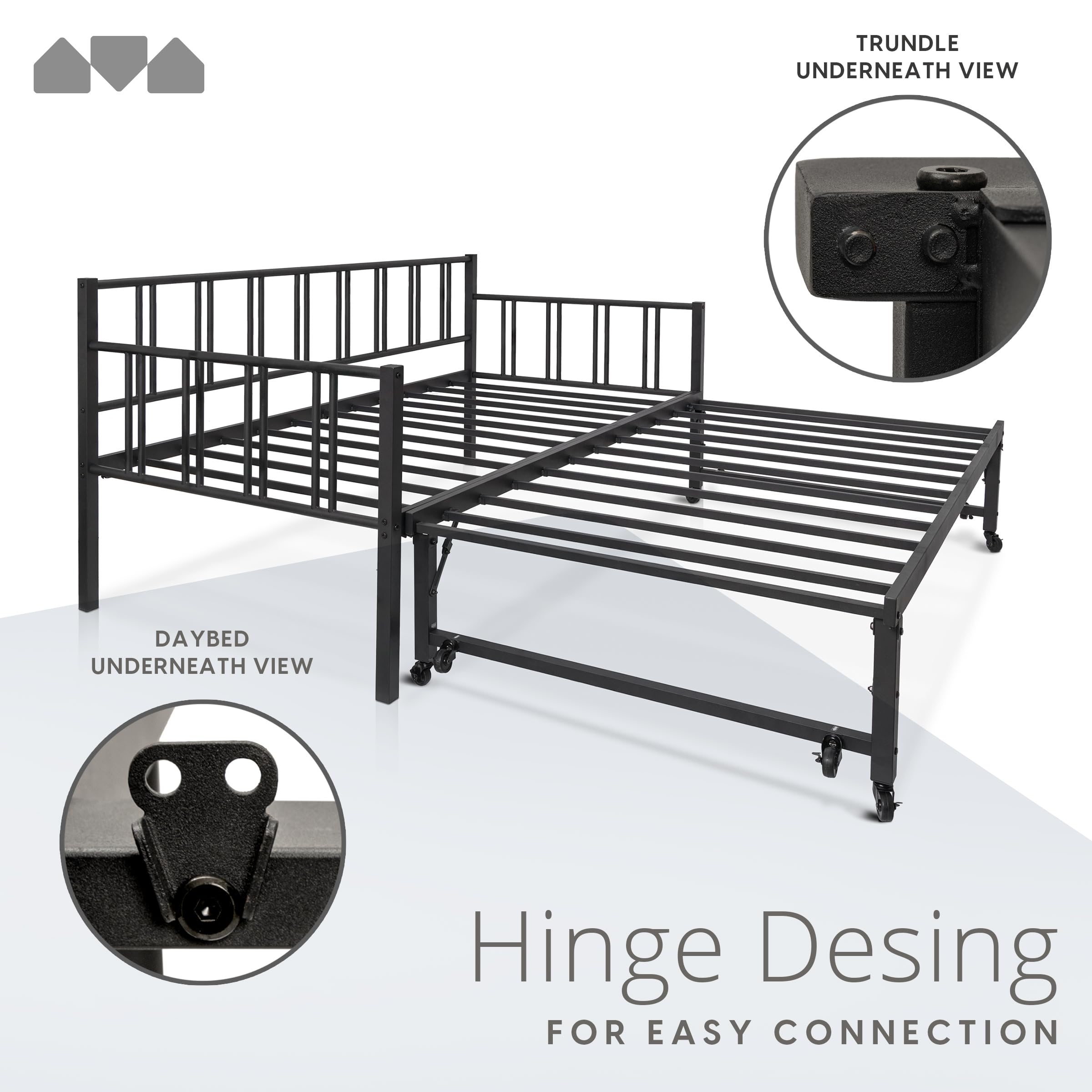 Milliard Twin Daybed with Backrest and Pop-Up Trundle Set, Modern Black Frame – Daybed with Trundle (Mattresses Sold Separately)(Black)