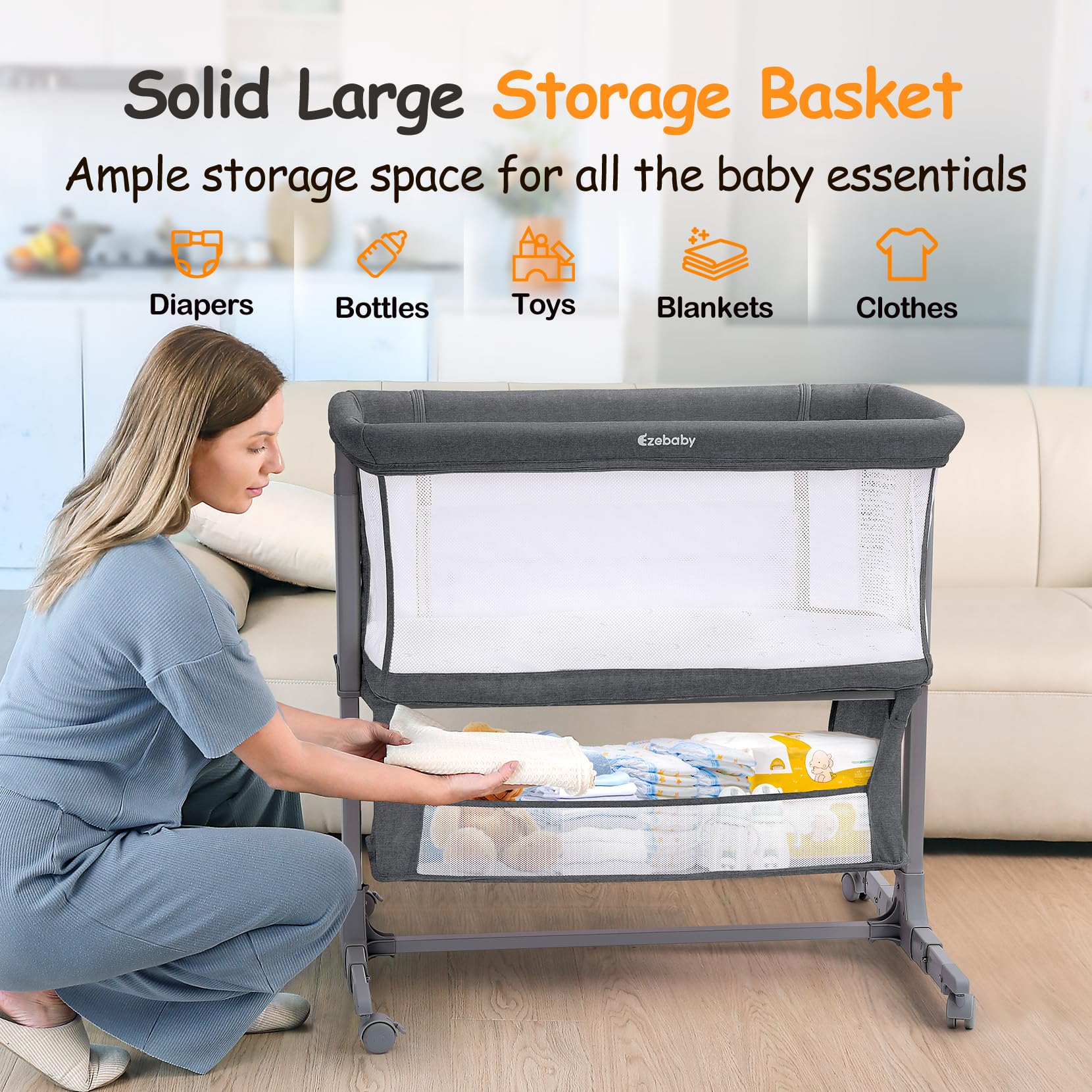 Bedside Bassinet with Adjustable Height and Wheels