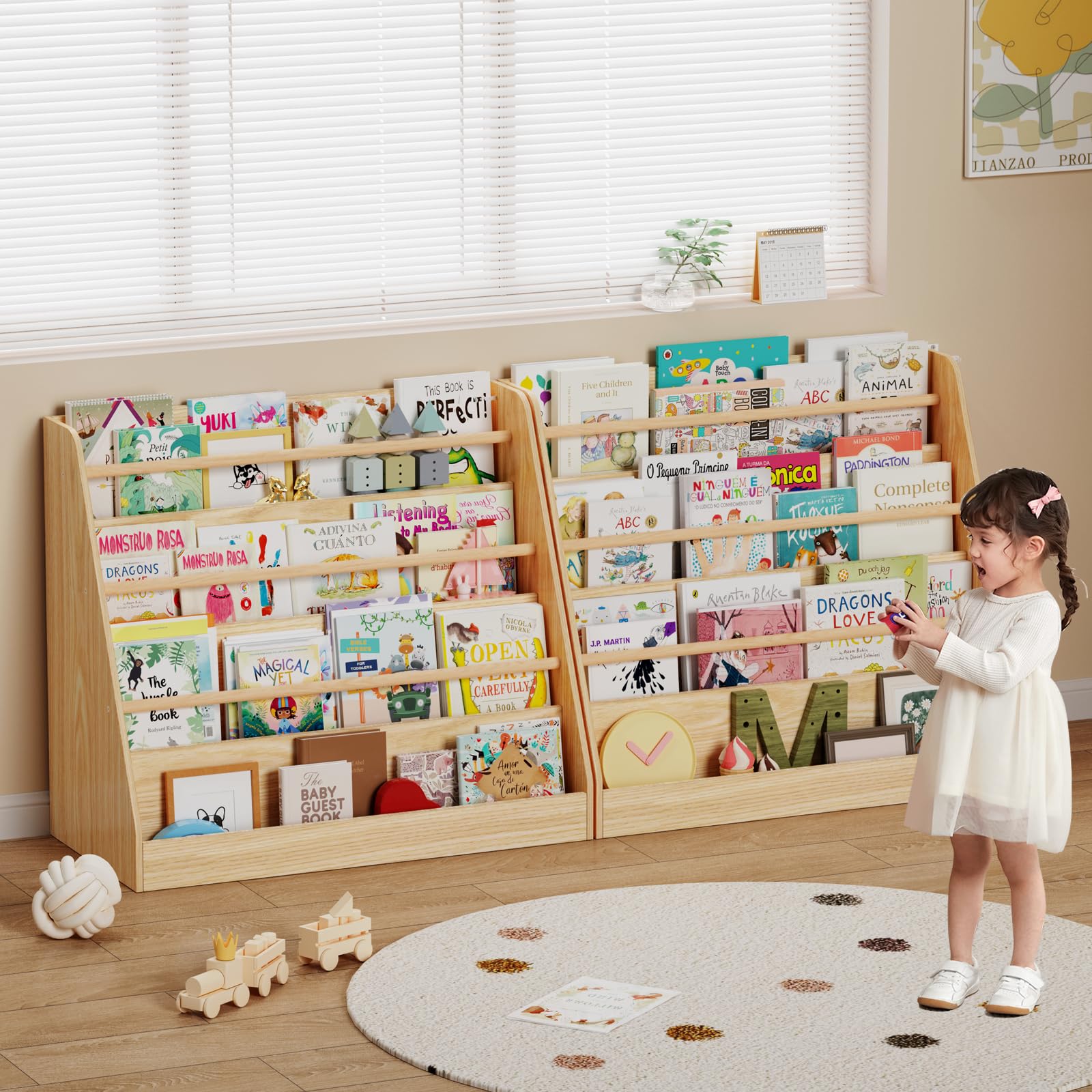 Kids Bookshelf,Kids Wooden 4 Tier Book Display Shelf,Montessori Bookcase Kid Room