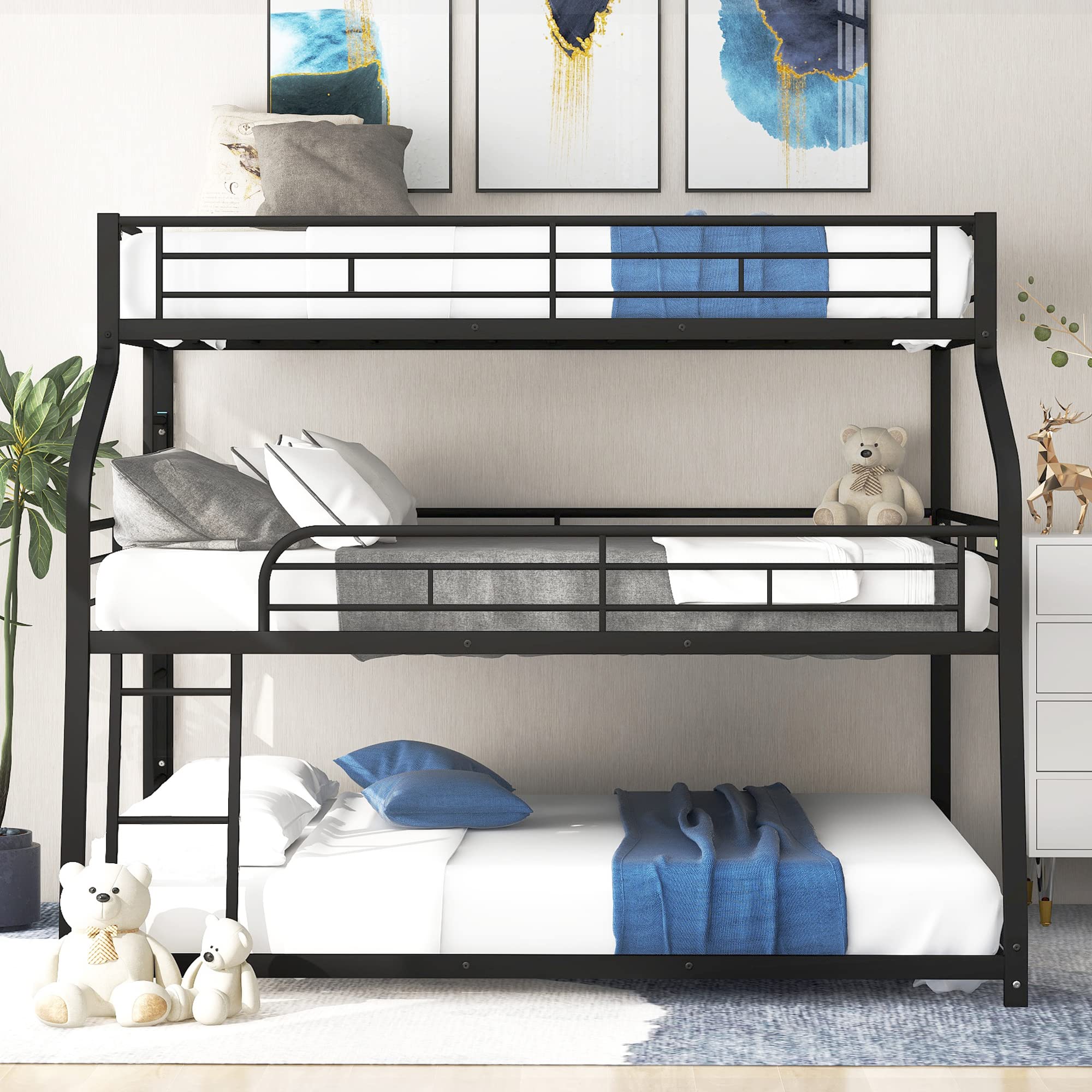 Metal Triple Bunk Bed with Guardrails and Ladder Black