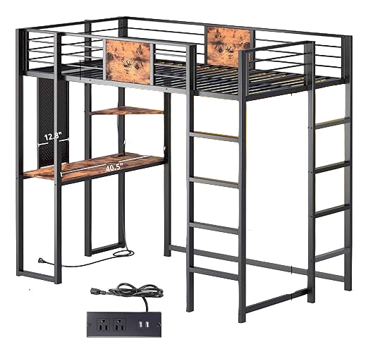 Twin Metal Loft Bed with Desk and Shelves for Teens Adult