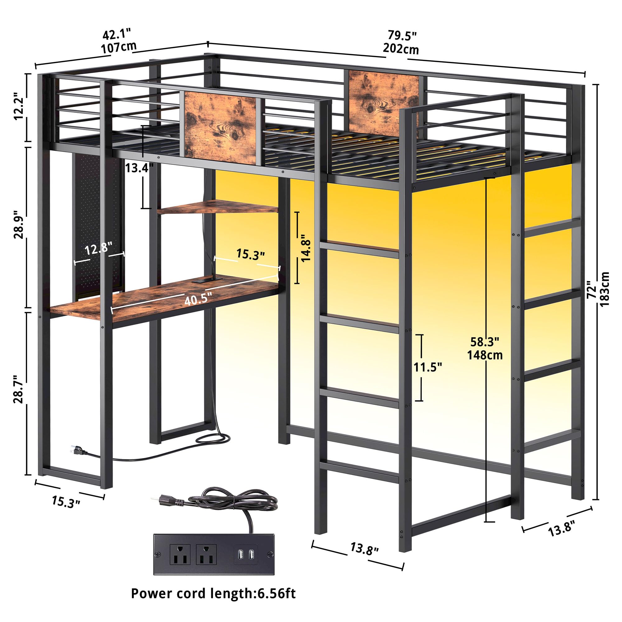 Twin Metal Loft Bed with Desk and Shelves