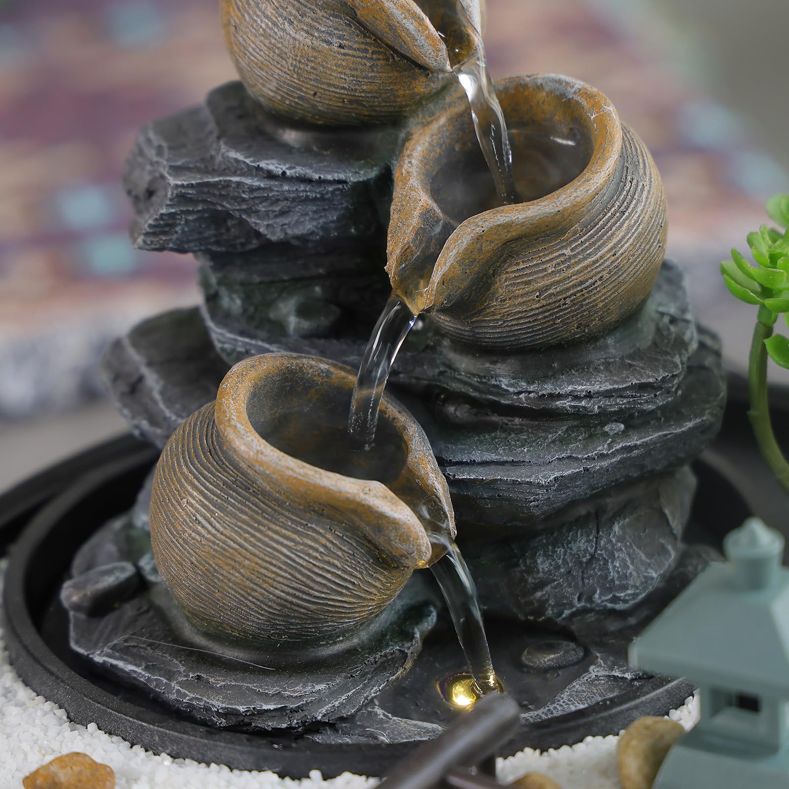 Tabletop Water Fountain with LED Lights and Pagoda Design
