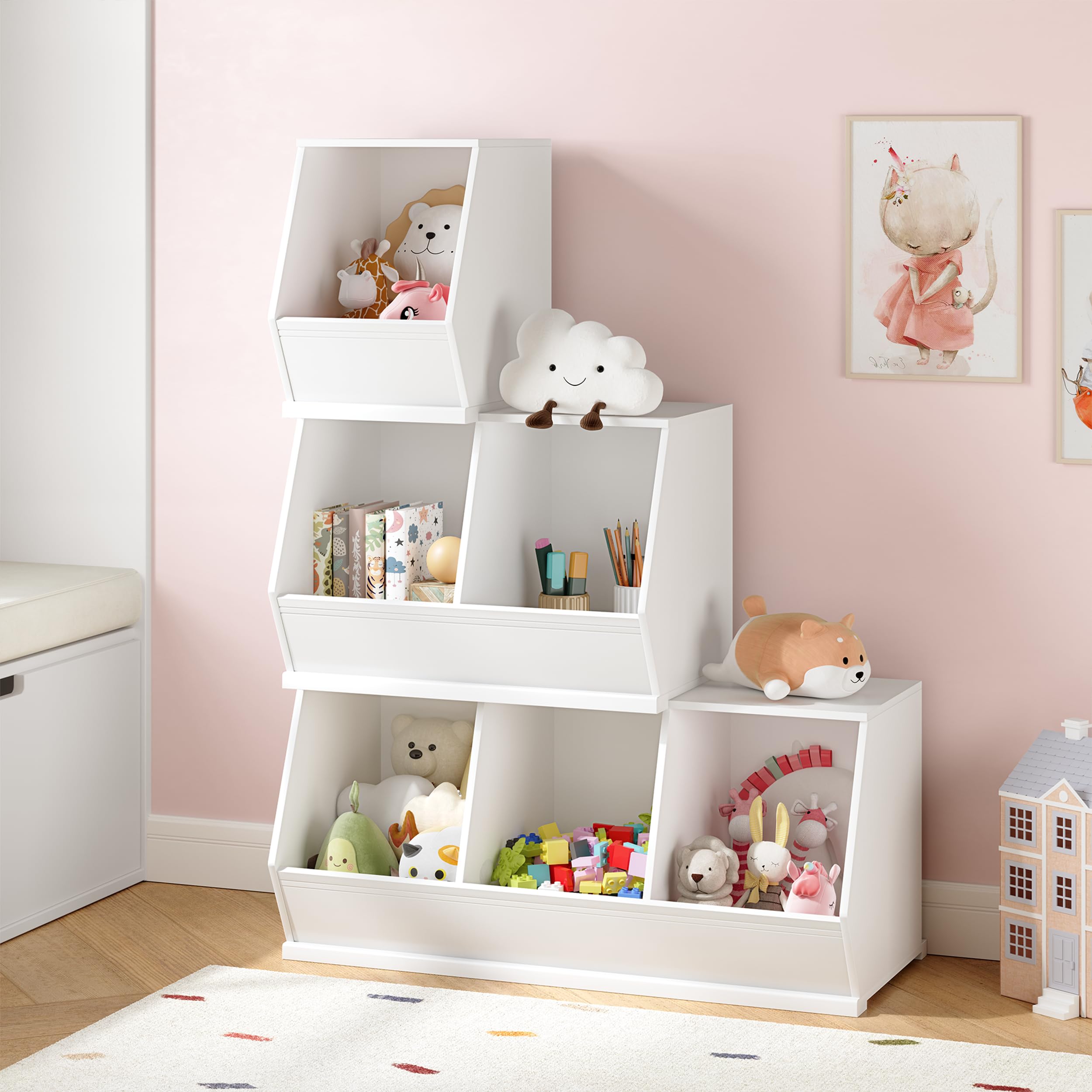 Stackable Toy Storage Cabinet Wooden Cubby Organizer White Shelf