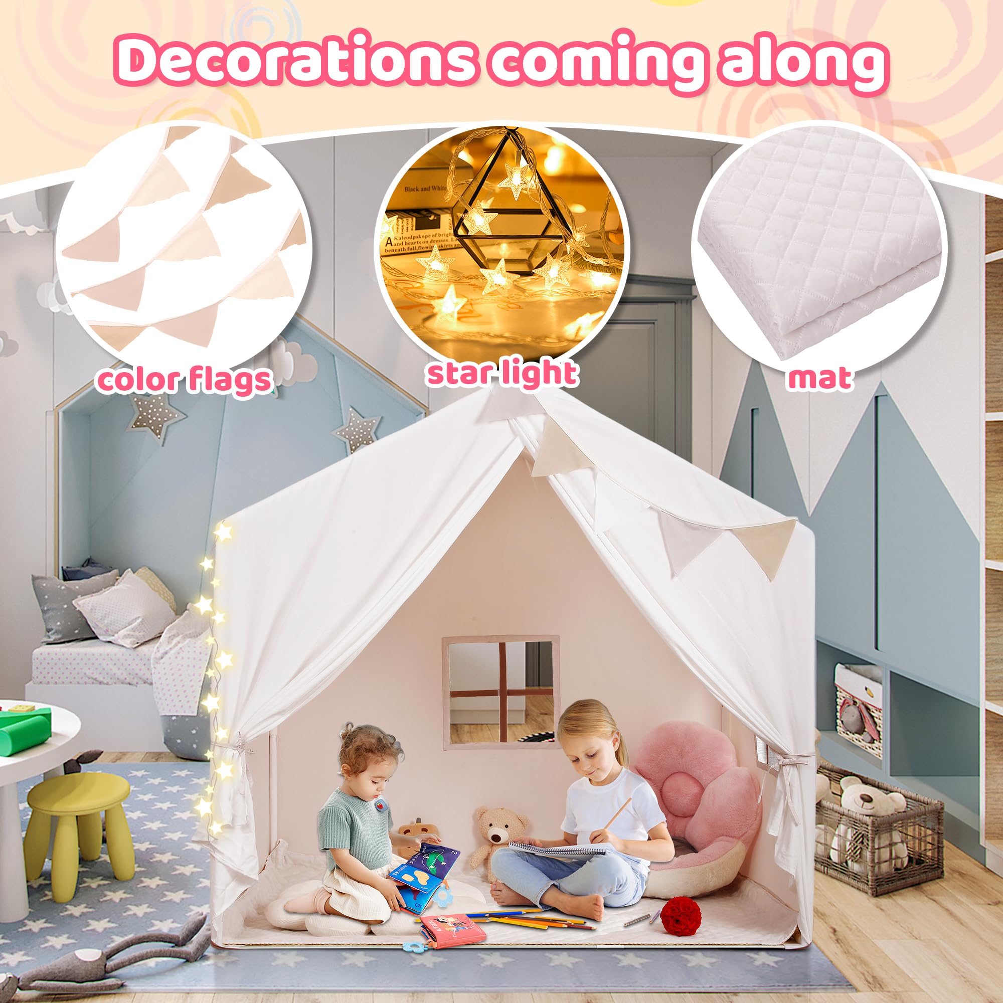 Kids Play Tent, Large Playhouse with Star Lights and Mat, Washable Indoor Toddler Teepee Tent for Boys & Girls, Children's Tent with Flags, Beige, 52L x36W x52H, Age 3+