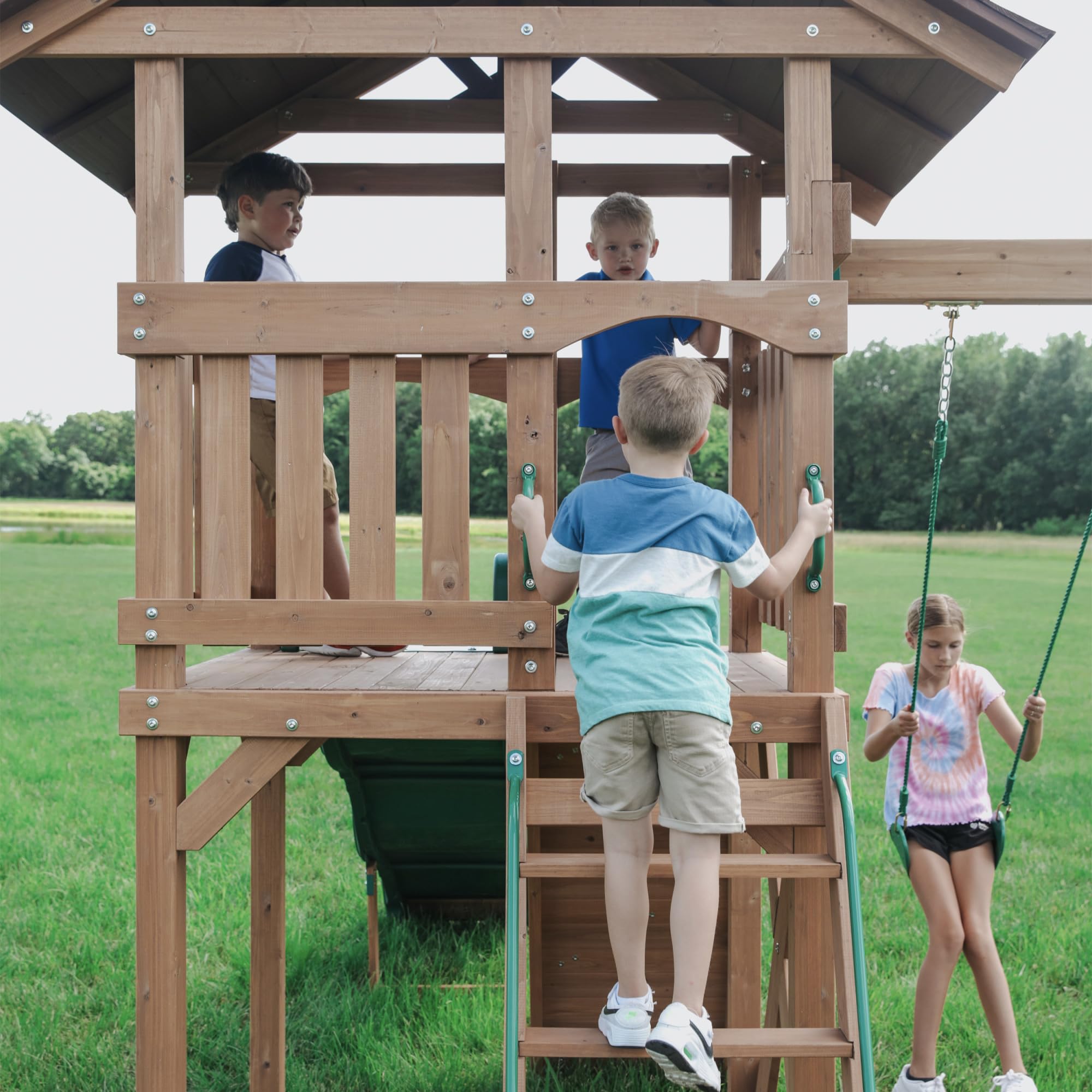 Cedar Wood Swing Set with Wave Slide Rock Wall Sandbox