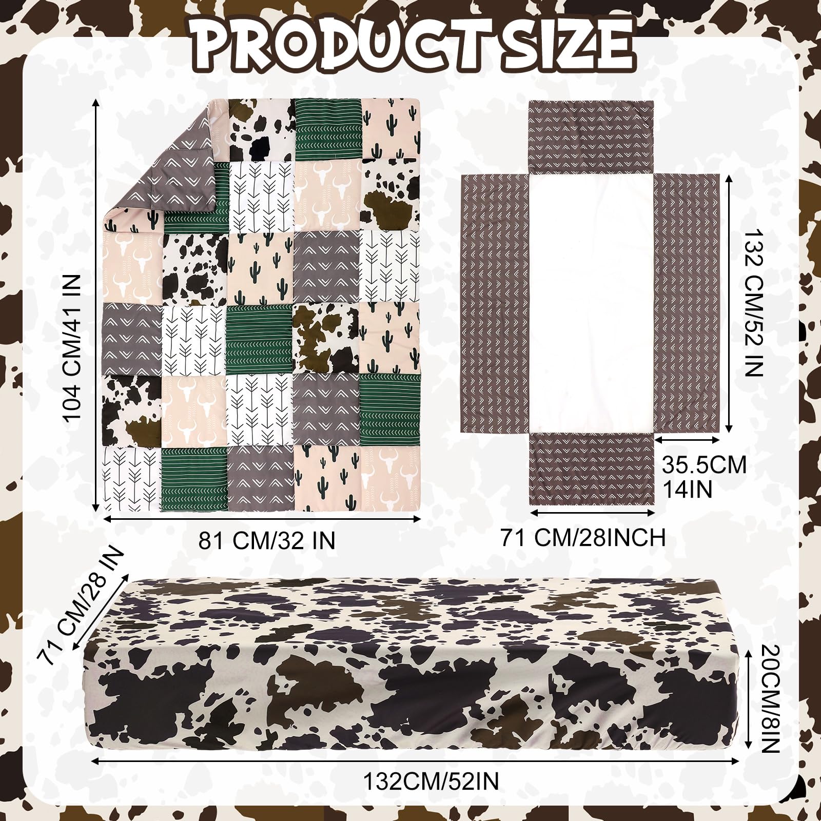 Western Crib Bedding Set 3 Piece Cow Cactus Print