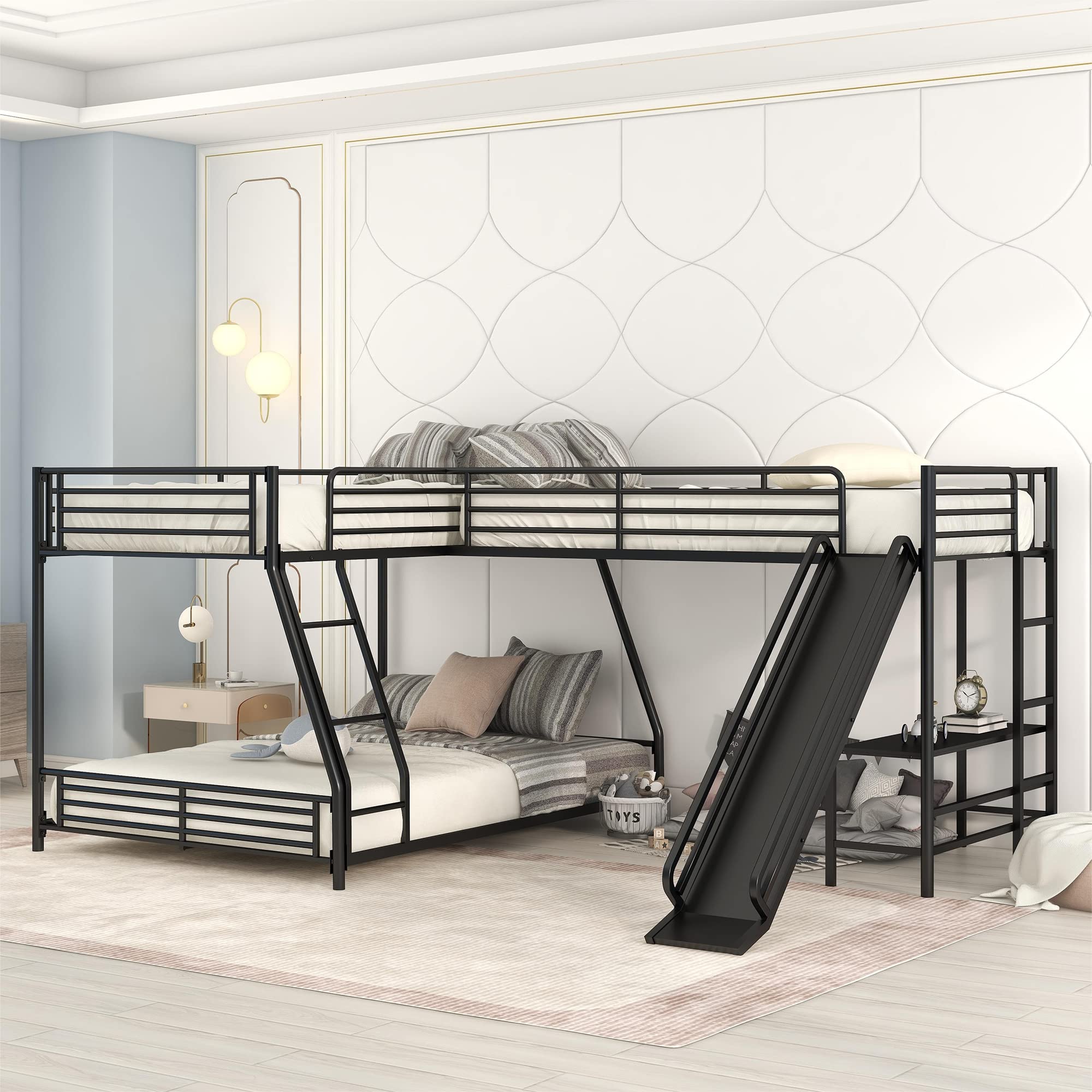 L-Shaped Triple Bunk Bed with Desk and Slide - Twin Over Full with Twin Loft