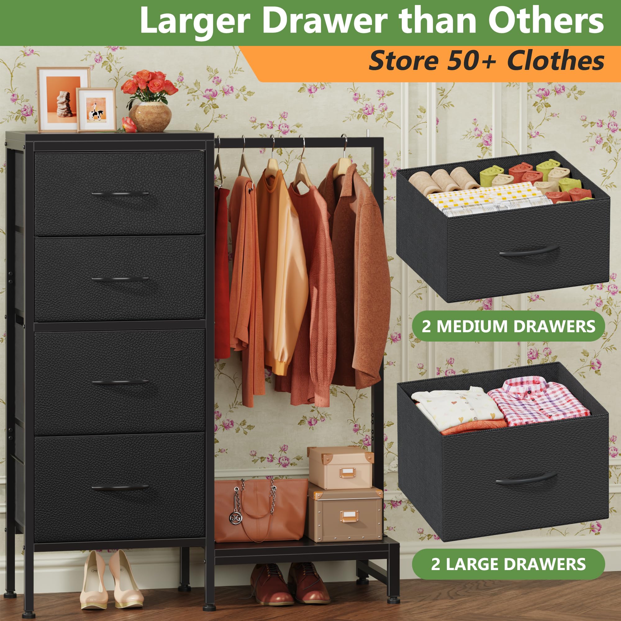 4-Drawer Dresser with Hanging Rack